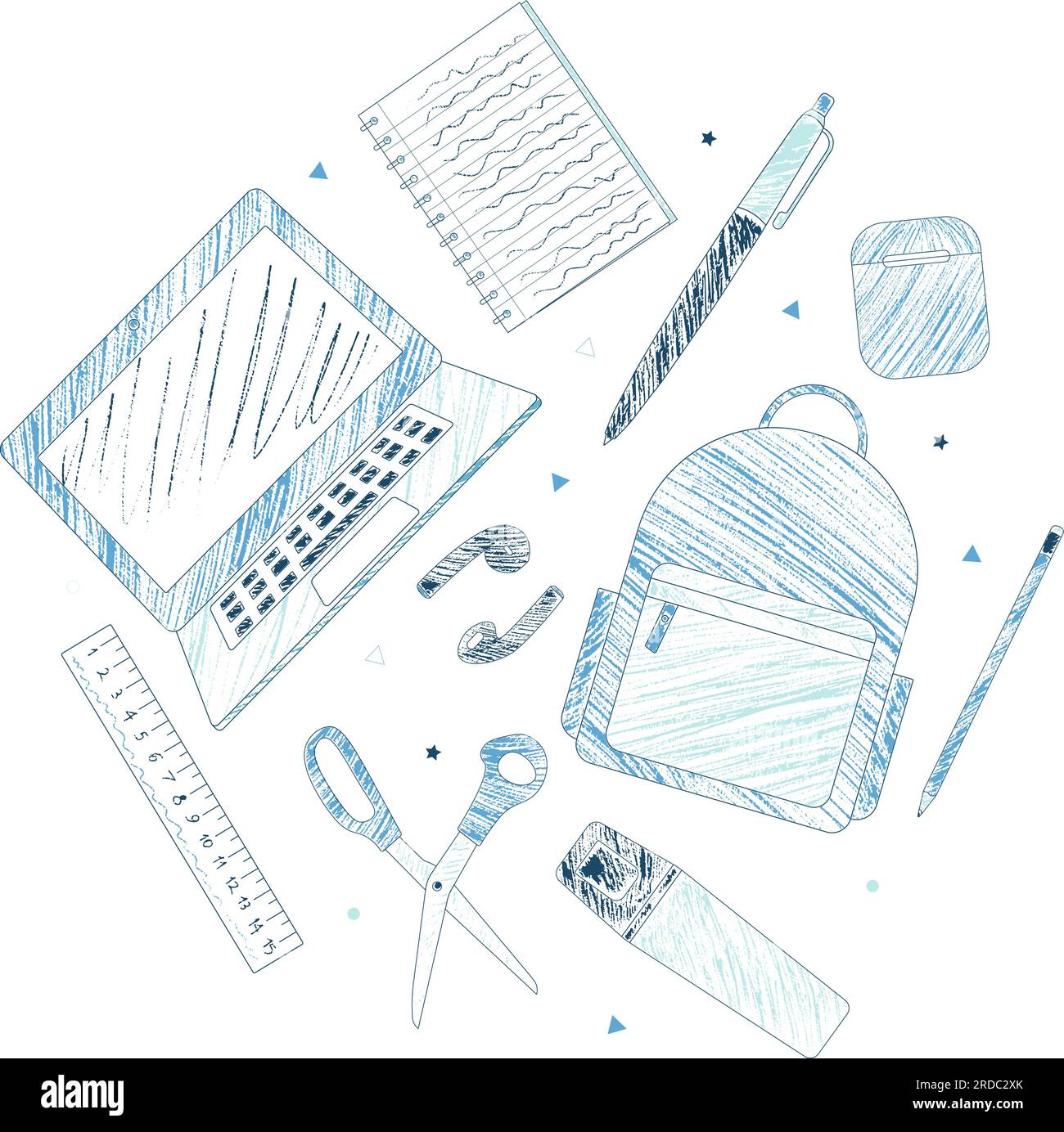 School supplies and elearning items sketch style blue coloring pencils