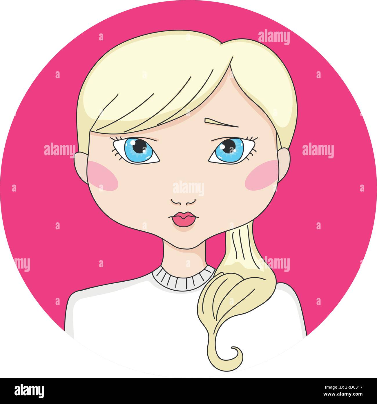 Cartoon blonde haired girl with blue eyes. Girl avatar in a circle