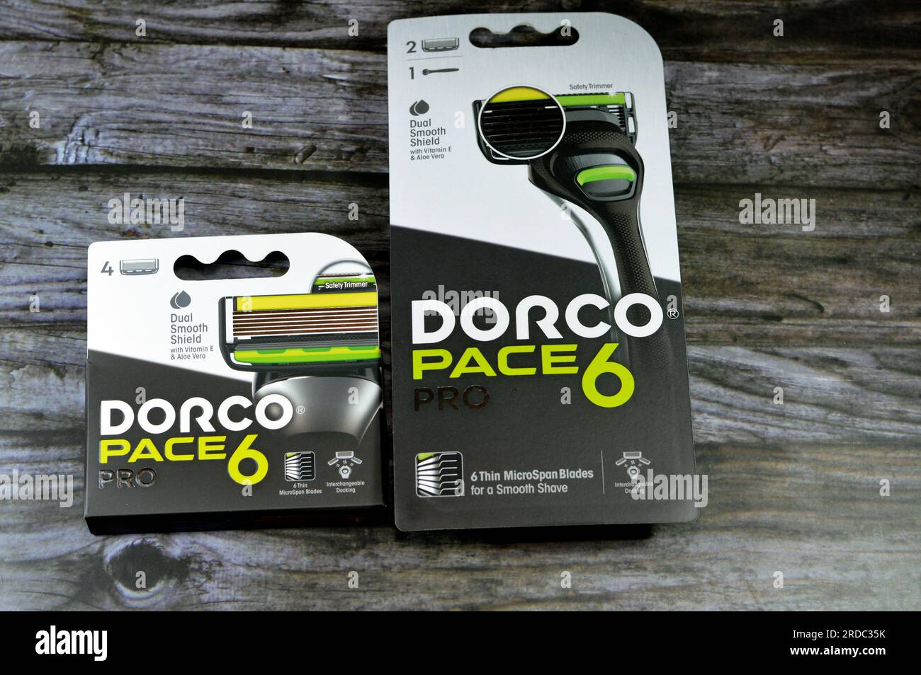 Cairo, Egypt, July 5 2023: Dorco Pace 6 Pro for shaving comes with ...