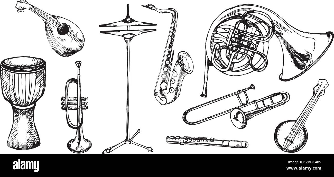 Set of french horn brass, trumpet, saxophone musical instruments vector
