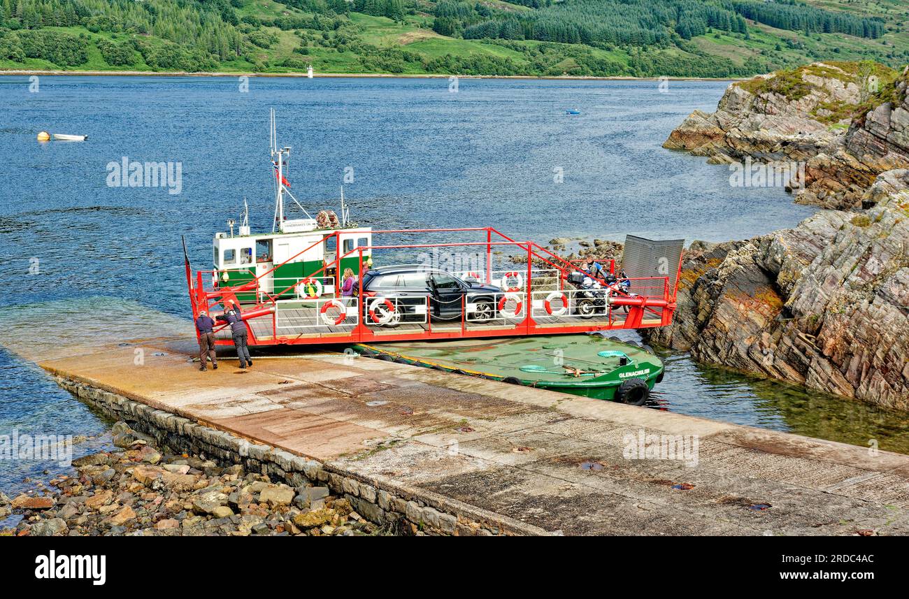 MV Glenachulish Kylerhea straits the manually operated turntable the ferry at Glenelg slipway and men pushing the turntable Stock Photo
