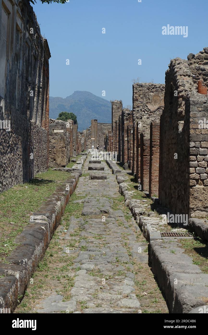 Pompey, Italy, ruins after excavation under ash after volcanic eruption in 79AD. Roman street showing crossing points (stepping stones) Stock Photo