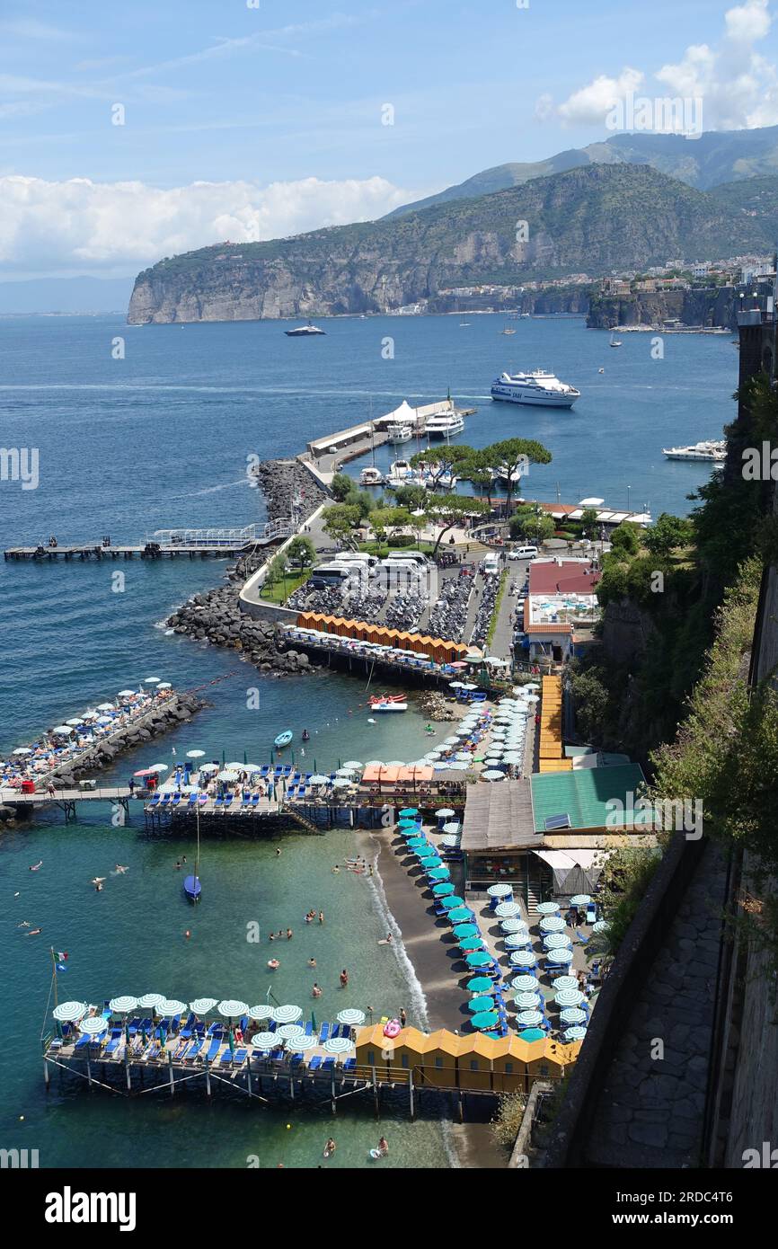 View from viewpoint in Sorrento, Italy, overlooking the bathing platforms and port. Stock Photo