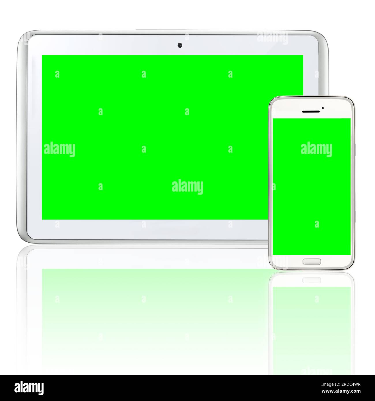 Green screen, phone and mockup space on a tablet screen with technology