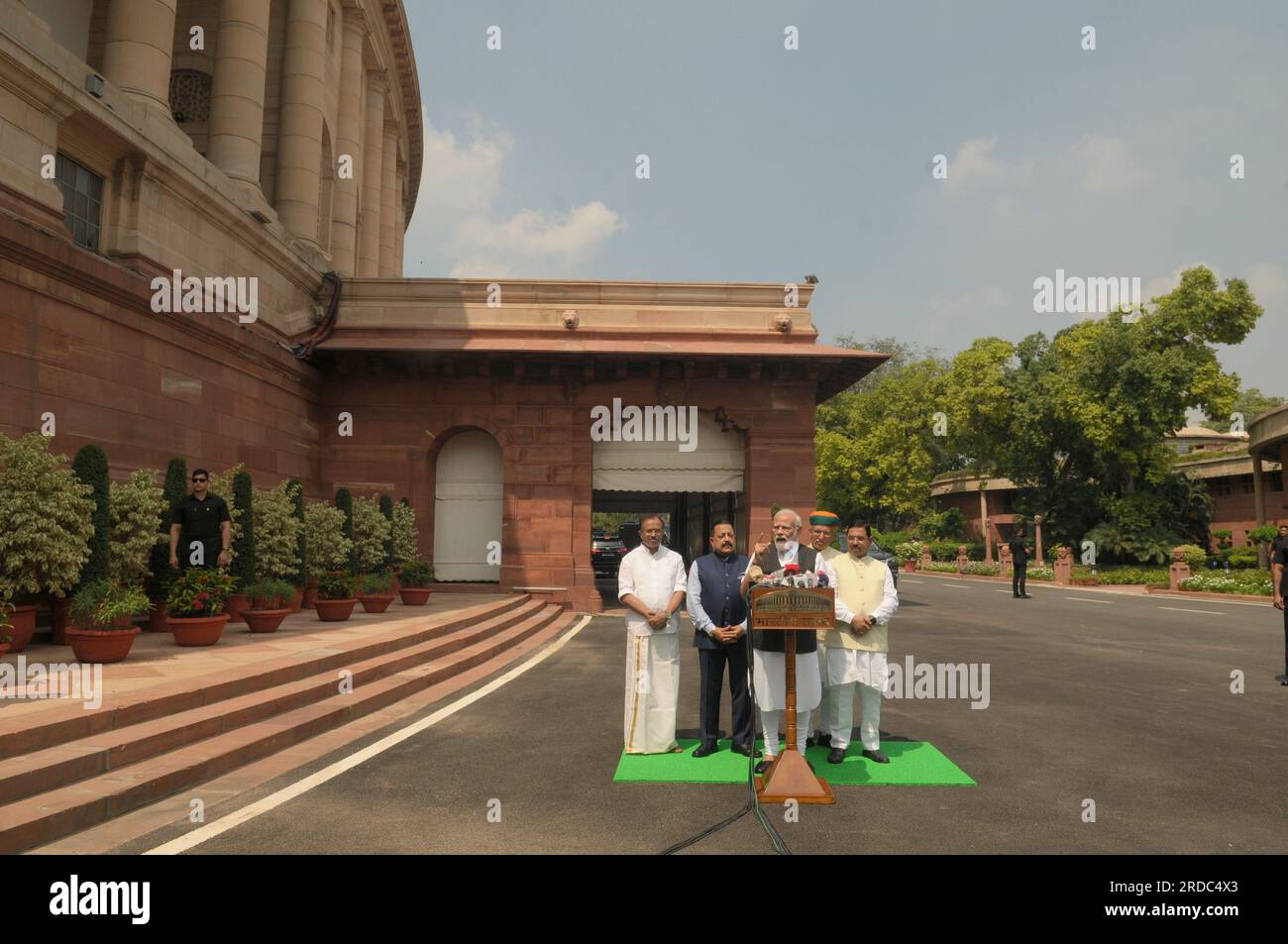 Prime Minister Narendra Modi arrives on the first day of the Indian Parliaments Monsoon Session which begins in New Delhi. The session will witness the first big faceoff between the ruling (NDA) National Democratic Alliance government and the two day old formed group of opposition parties as INDIA (Indian National Developmental Inclusive Alliance). (Photo by Sondeep Shankar/Pacific Press) Stock Photo