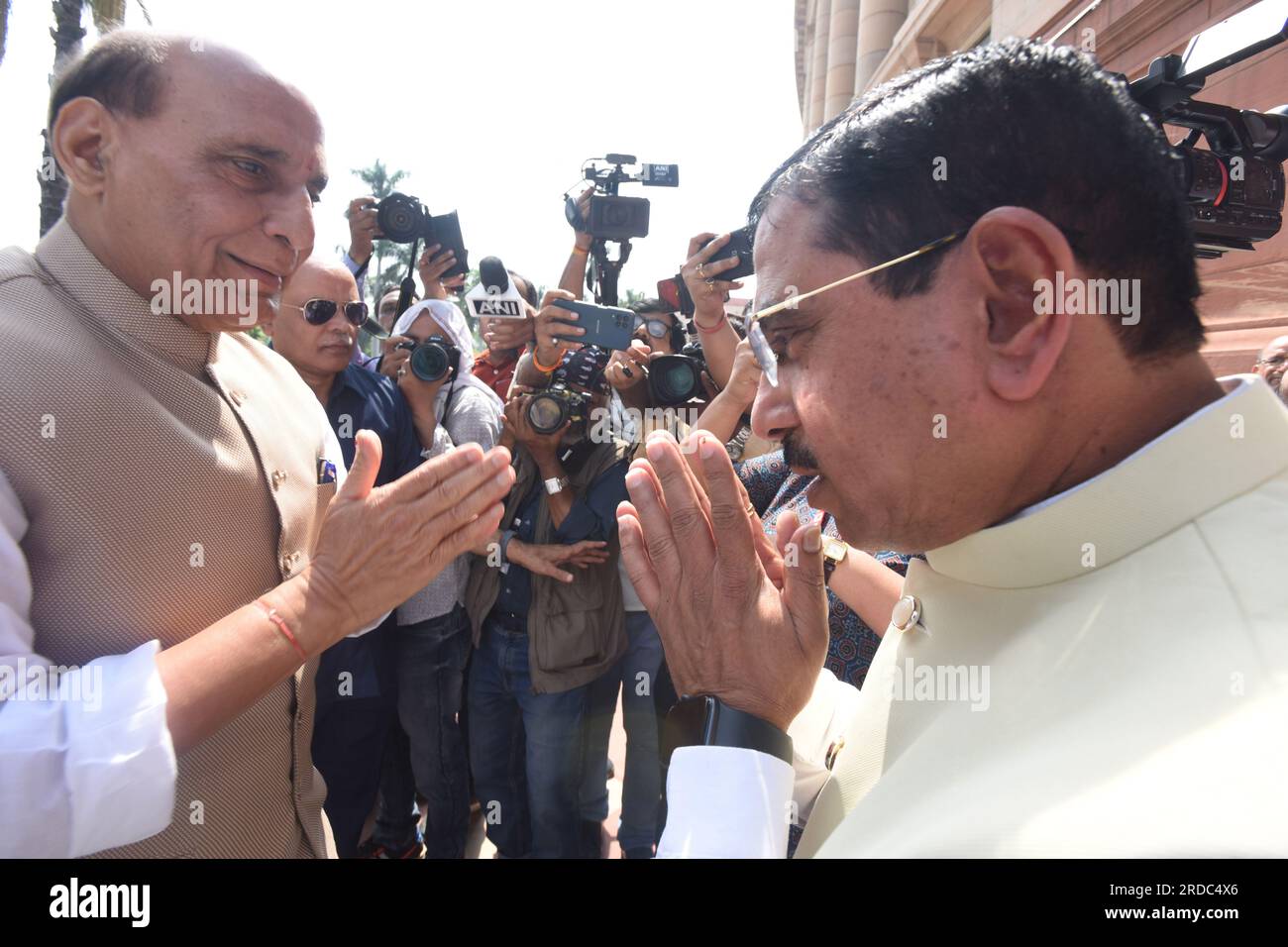 Defence Minister Rajnath Singh greets other Ministers as he arrives at the Parliament on the first day of Monsoon Session in New Delhi (Photo by Sondeep Shankar/Pacific Press) Stock Photo