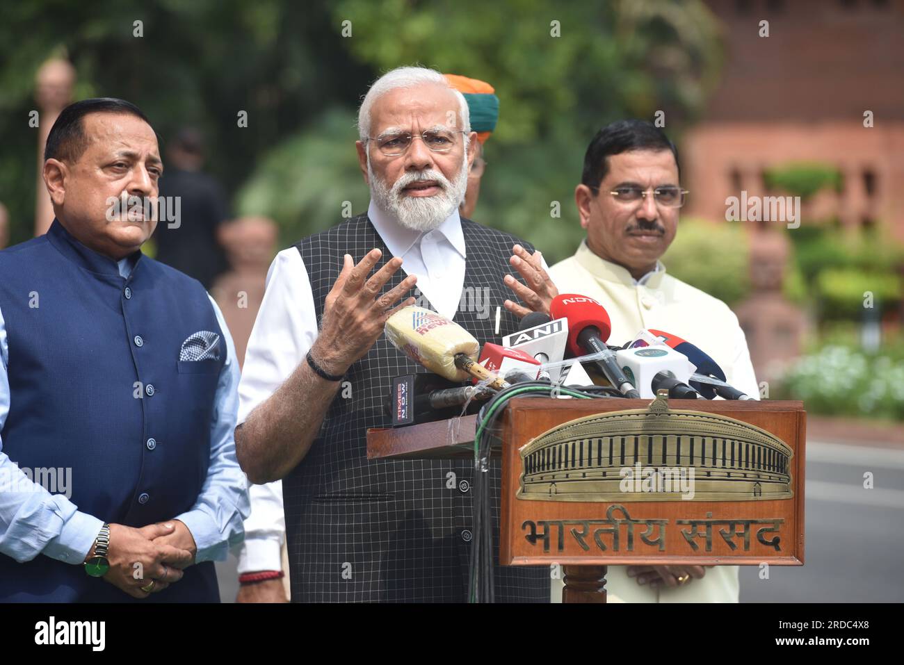 Prime Minister Narendra Modi arrives on the first day of the Indian Parliaments Monsoon Session which begins in New Delhi. The session will witness the first big faceoff between the ruling (NDA) National Democratic Alliance government and the two day old formed group of opposition parties as INDIA (Indian National Developmental Inclusive Alliance). (Photo by Sondeep Shankar/Pacific Press) Stock Photo