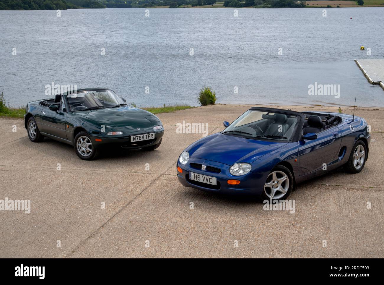 MGF and Mk1 Mazda MX5 open top sports cars Stock Photo