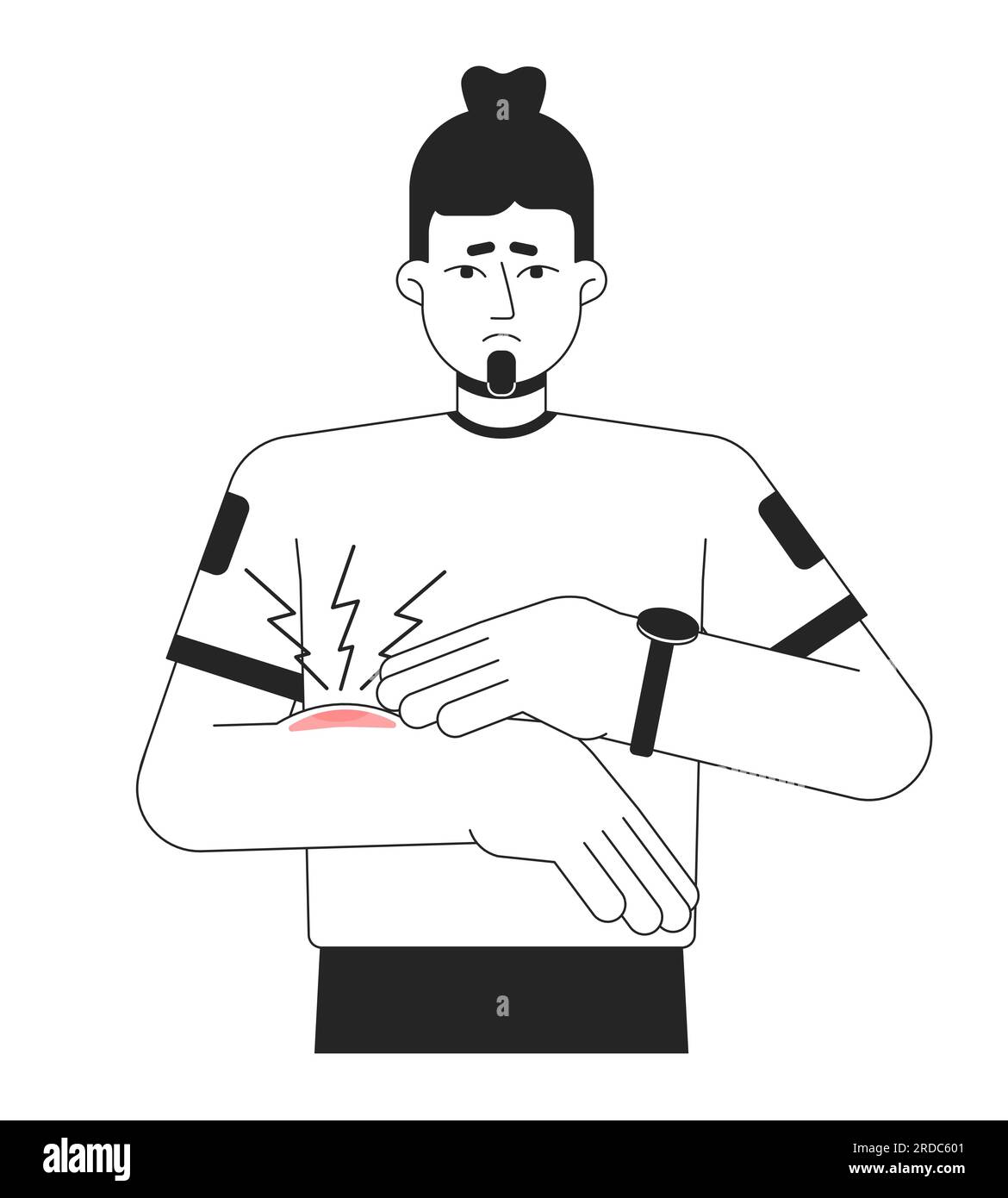 Unhappy asian man has bruise flat line black white vector character