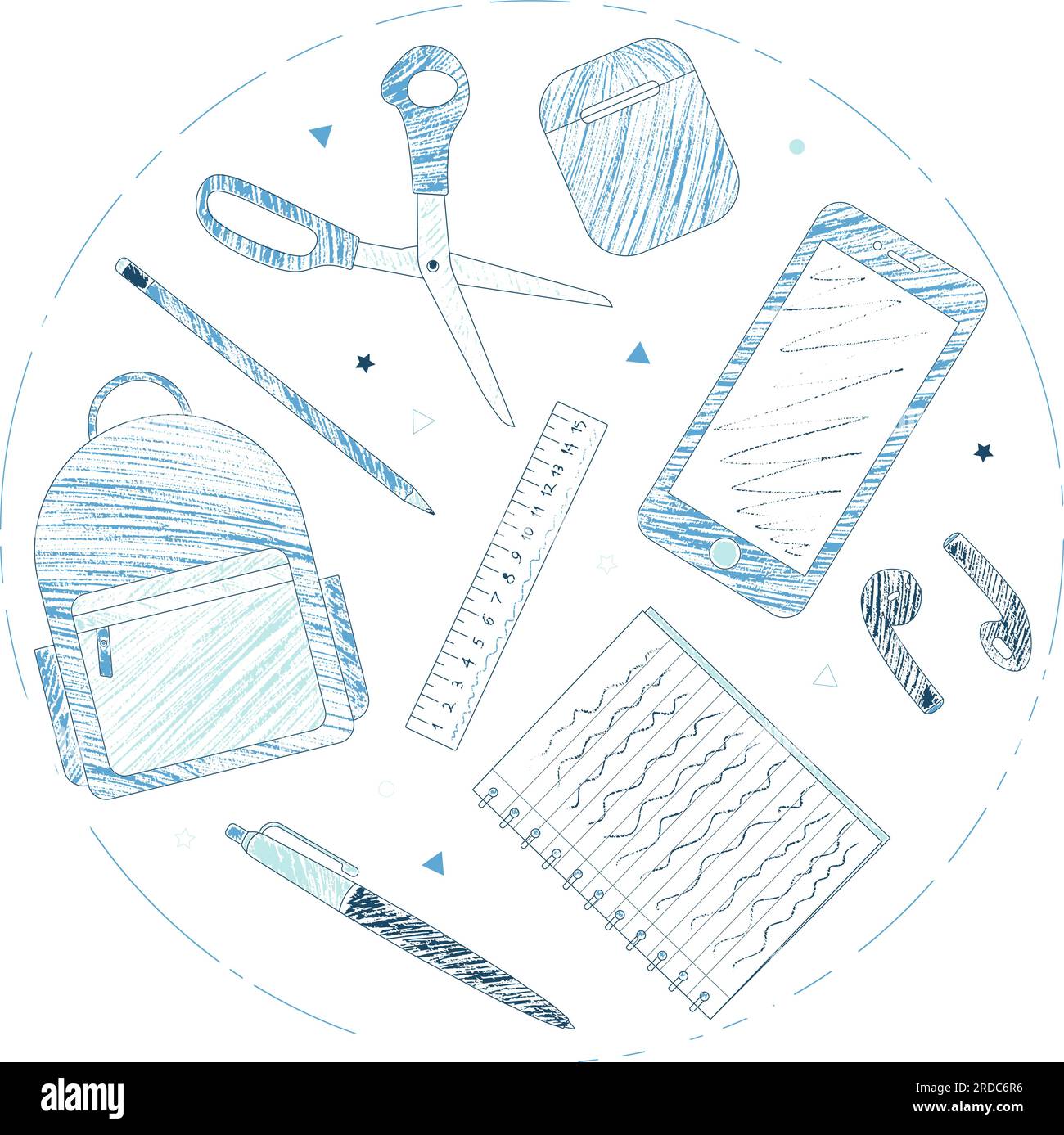 School supplies and e-learning items sketch style blue coloring pencils design circle composition vector Stock Vector
