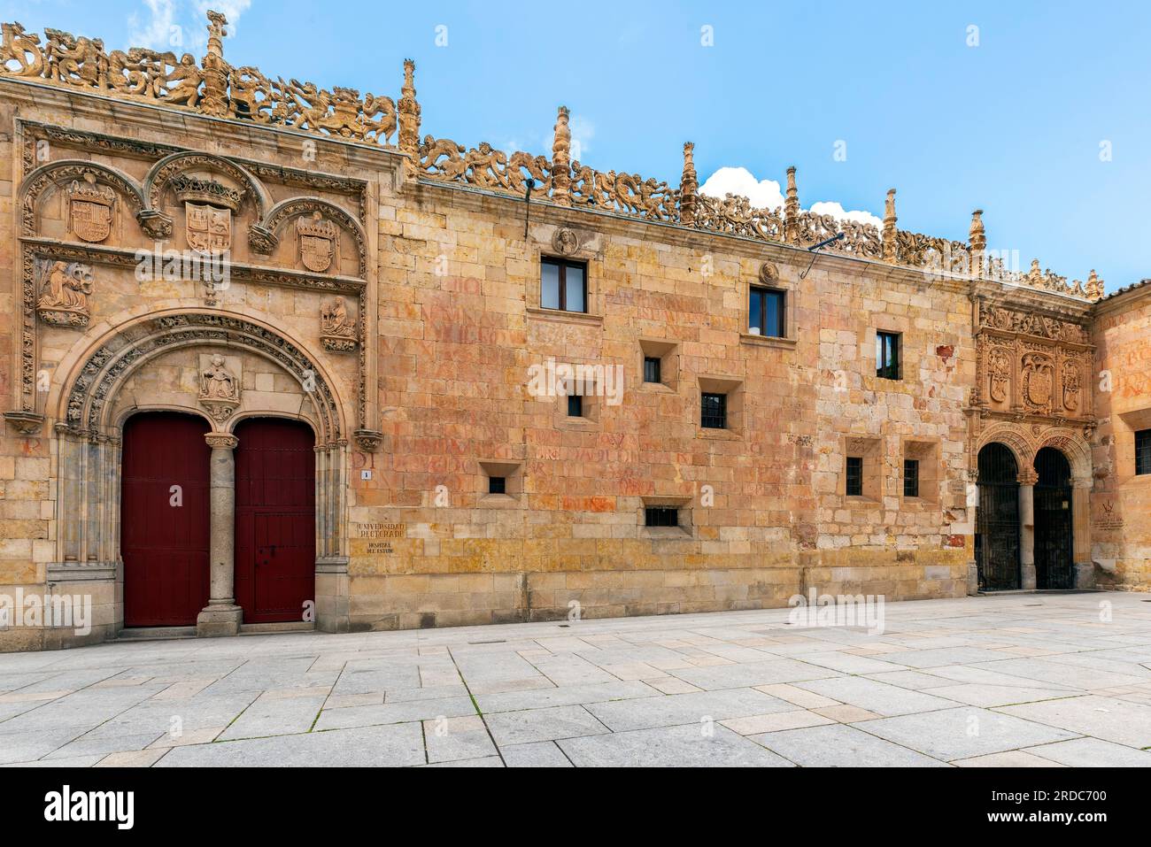 Square called  the Patio de Excuelas at the University of Salamanca. Founded in 1134, it was the first university to receive the title ‘La Universidad Stock Photo