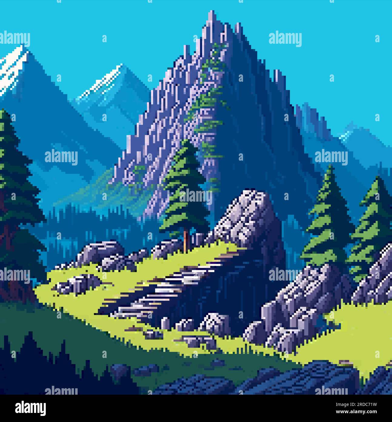 Landscape 8bit pixel art. Summer natural landscape mountain scenery arcade game background Stock Vector