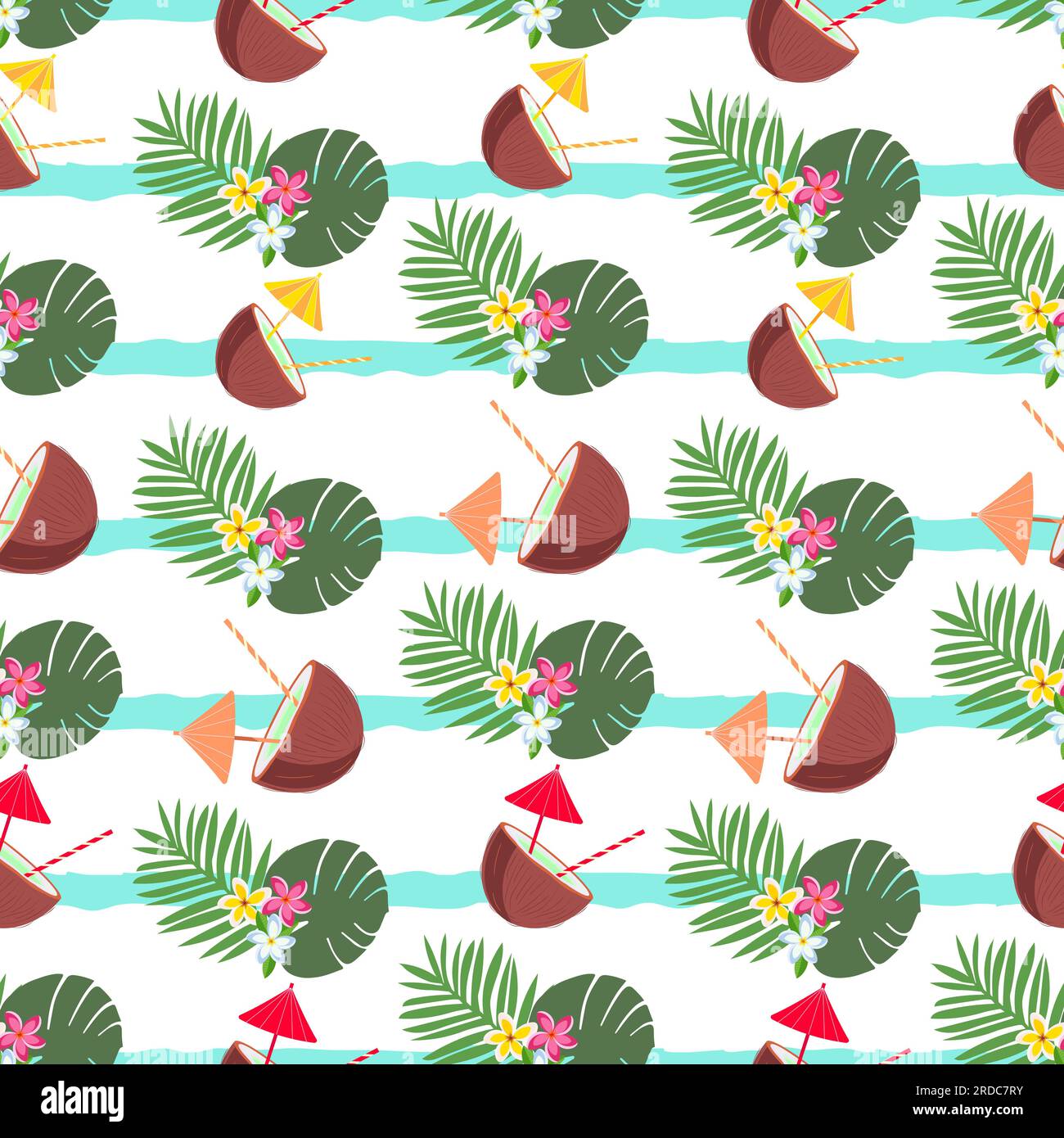 Vector summer seamless pattern with coconut cocktail, tropical leaves ...