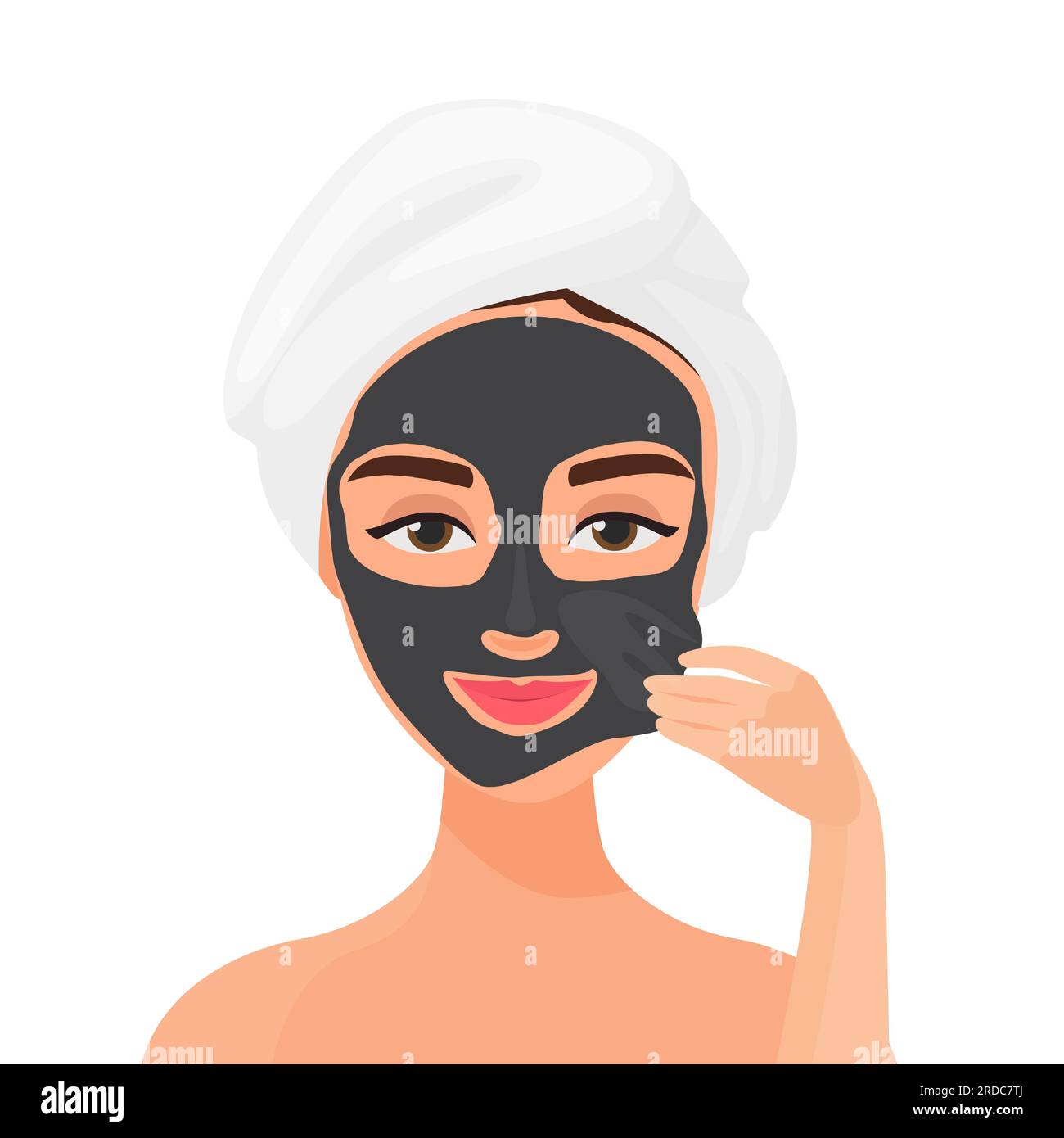 Black cleaning face mask. Charcoal mask on woman face vector cartoon