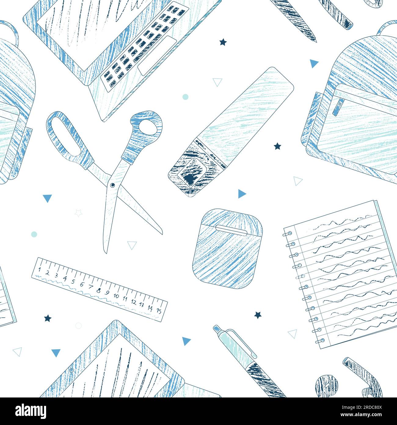 School supplies and e-learning items sketch style blue coloring pencils design seamless pattern vector Stock Vector