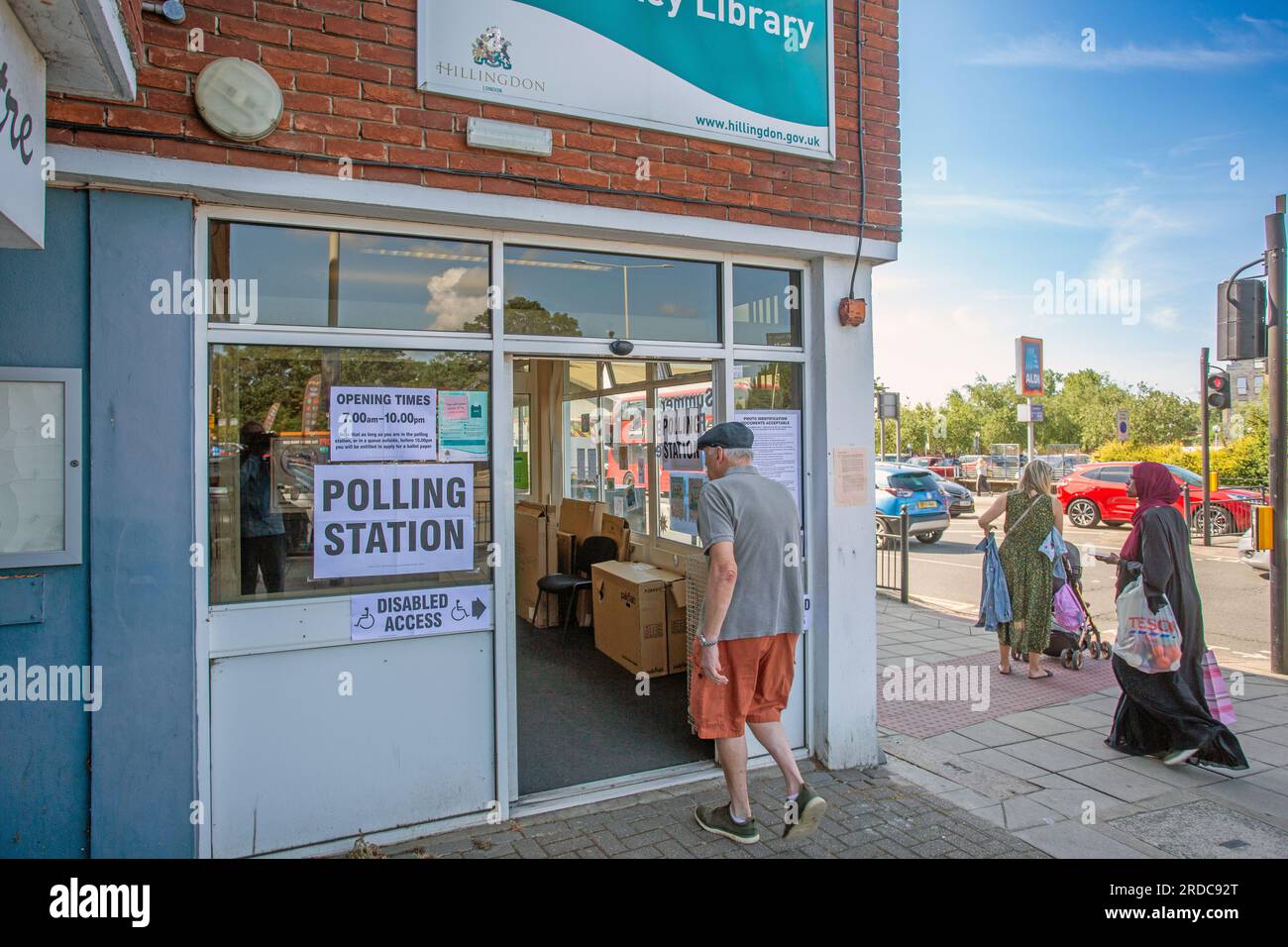 A voter walks in a  polling station in Yiewsley during a by-election in the northwest London constituency of Uxbridge and South Ruislip on July 20, 2023. Voters headed to the polls in three by-elections across England, with Prime Minister Rishi Sunak's ruling Conservatives braced for defeat in each as inflation-battered Britain's economic woes bite.Credit: Horst Friedrichs/Alamy Live Stock Photo