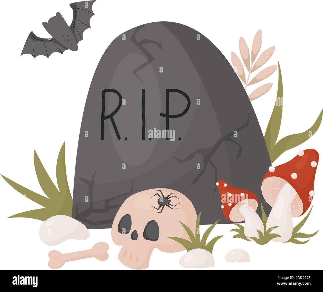 Grave headstone with skull, bones, fly agaric mushrooms and bat. Vector illustration in cartoon style. Creepy graveyard stone headstone and death. Stock Vector