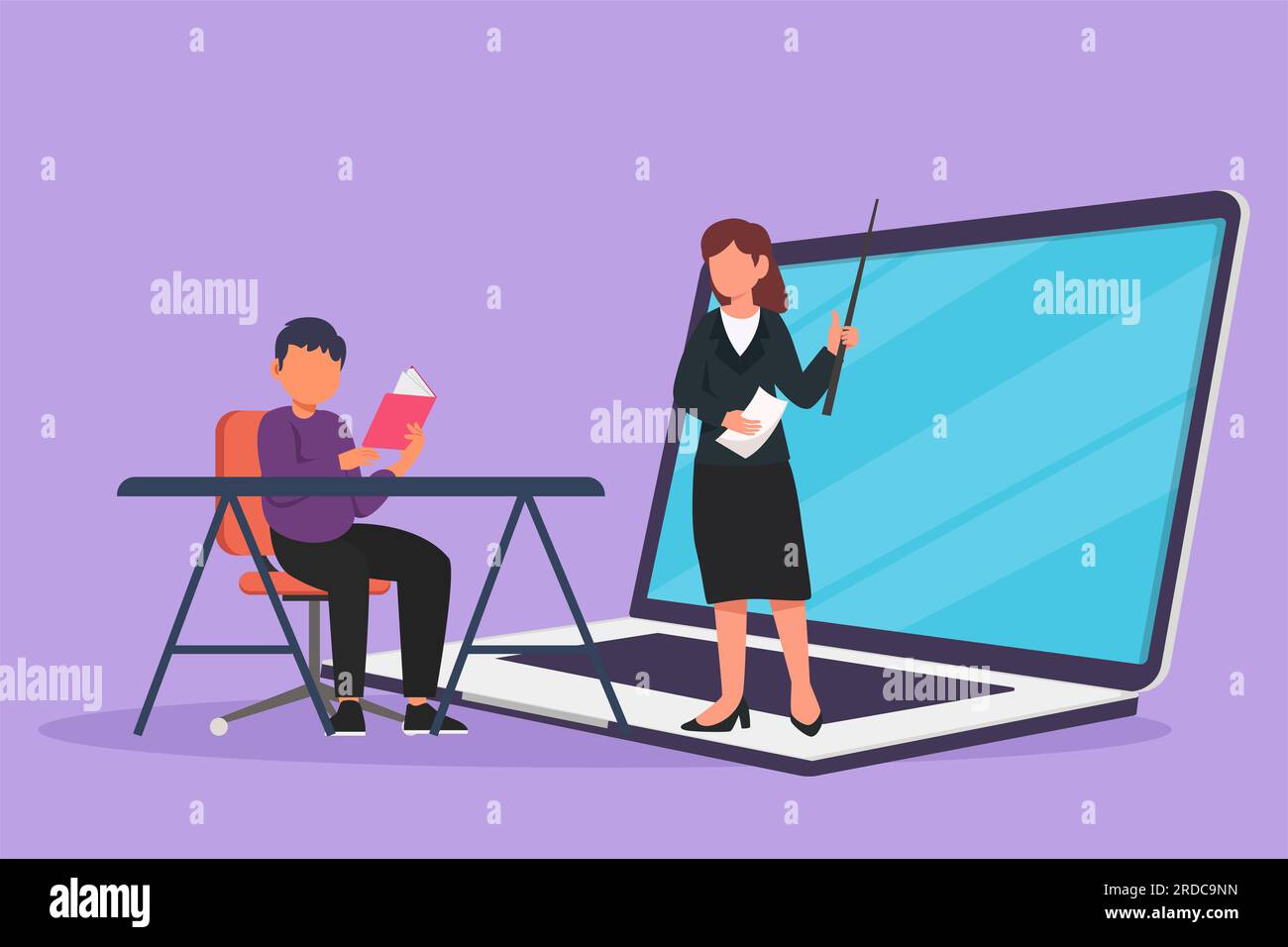 Cartoon flat style drawing of female teacher standing in front of laptop screen holding book and