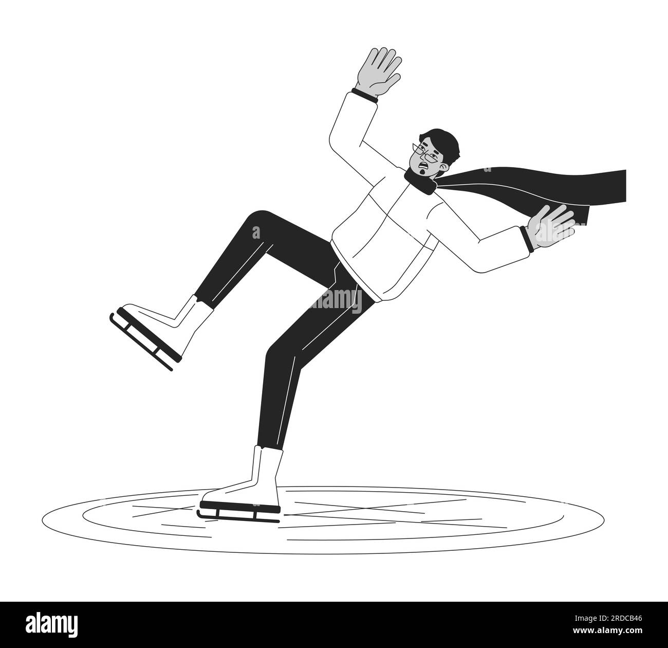 Perplexed man on ice rink flat line black white vector character Stock