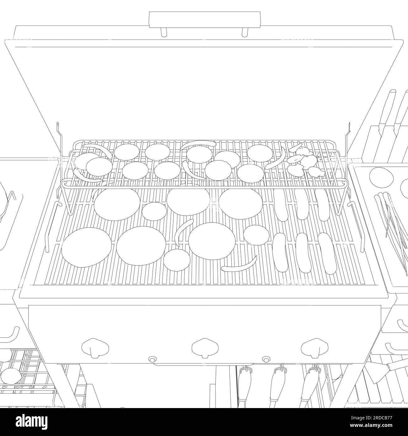 Barbecue / BBQ Gas Grill Clipart - Outline. Vector illustration food cooking on a charcoal grill. Stock Vector