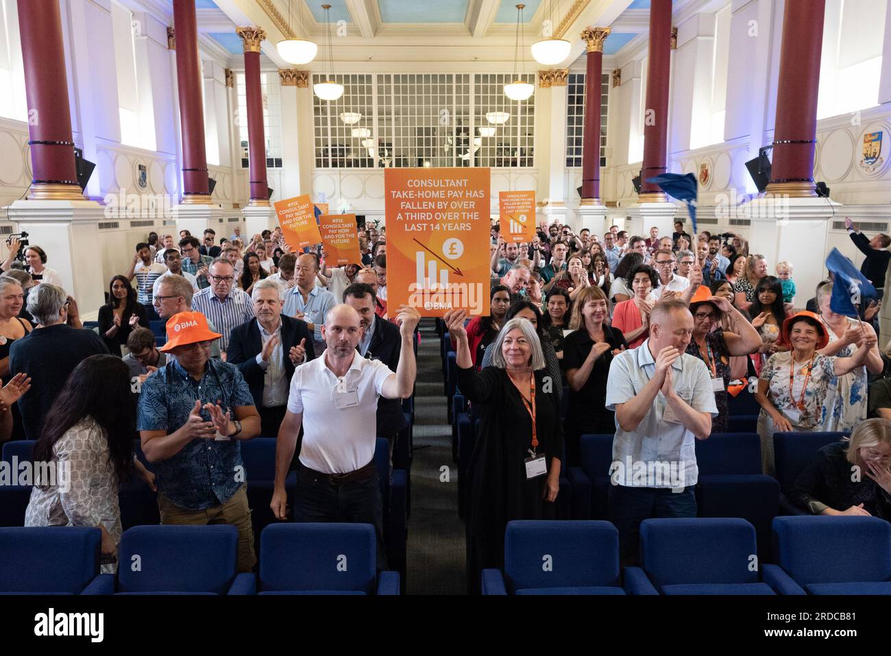 London, UK. 20 July, 2023. Striking NHS consultant doctors stage a rally at BMA House - headquarters of the British Medical Association union - as they begin a 48 hour strike to demand an above-inflation pay rise. The strike, from 20 July to 22 July is the first by consultants since the 1970's and will see their services reduced to emergency cover only. Credit: Ron Fassbender/Alamy Live News Stock Photo