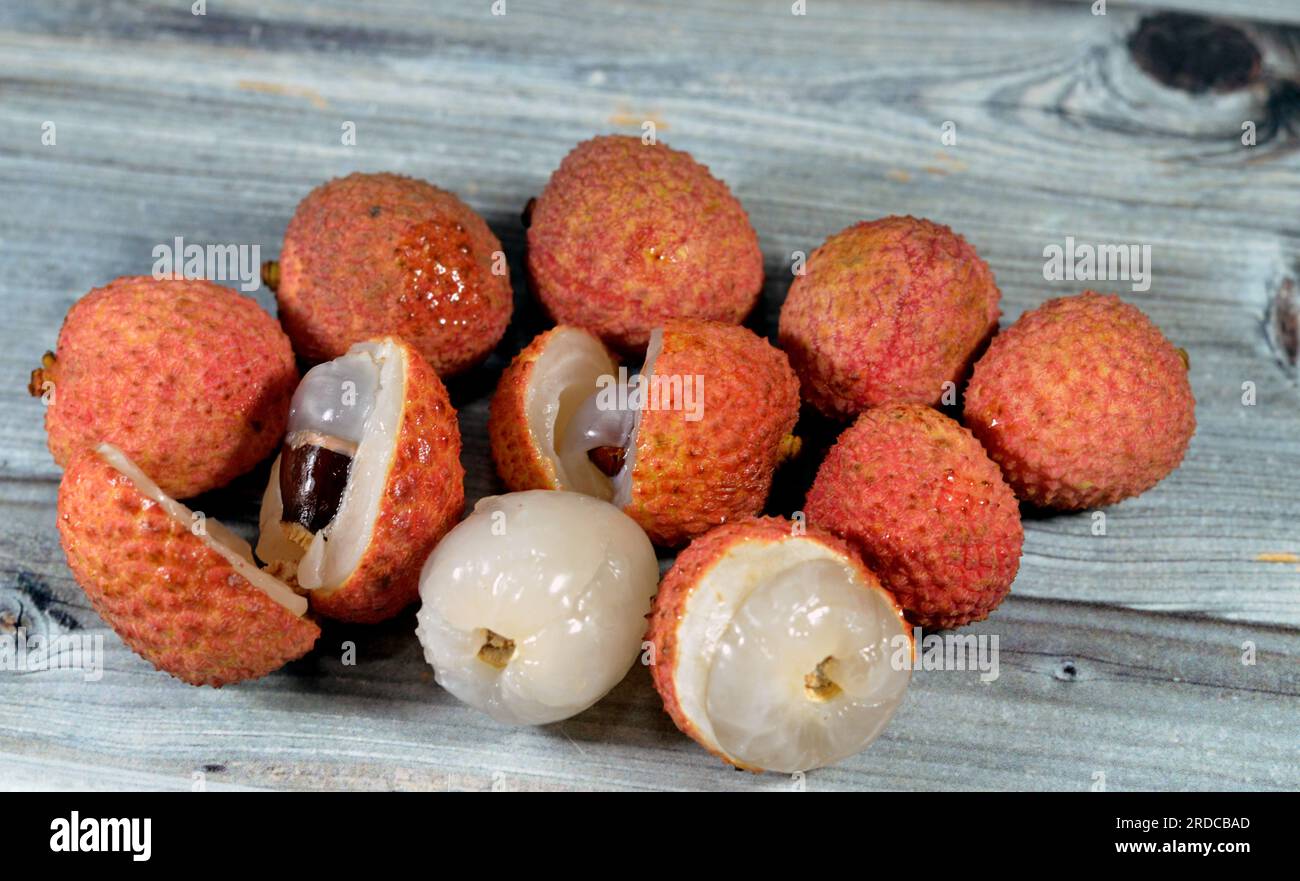 Lychee fruit, Litchi chinensis, a monotypic taxon and the sole member in the genus Litchi in the soapberry family, Sapindaceae, a tropical tree native Stock Photo