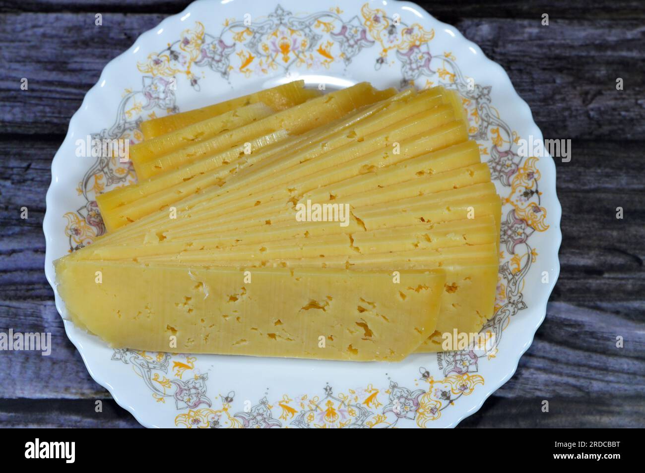 Slices of Egyptian Rumi cheese, also called gebna romiya or gebna turkiya, Roumi, Romi also Romy
