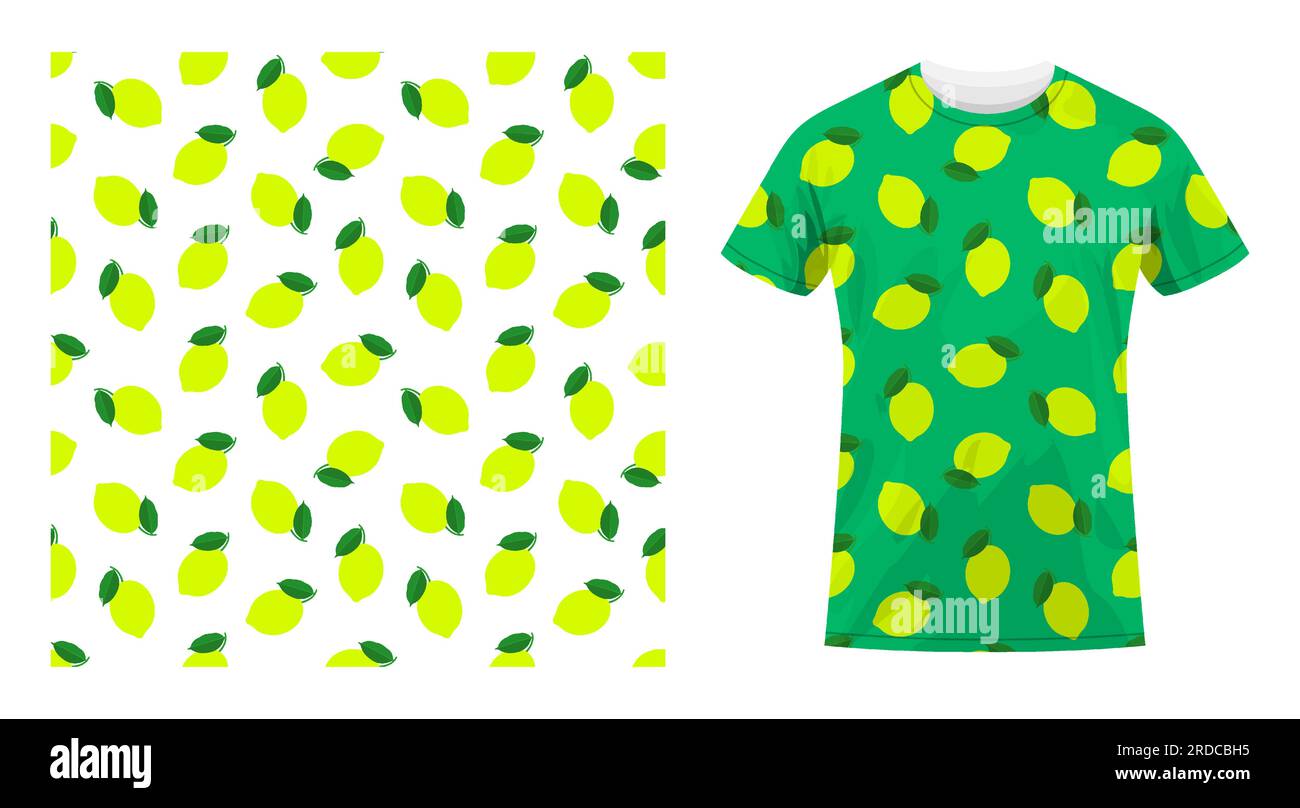 Short sleeved cotton sports t shirt decorated seamless pattern with whole lemon and leaves. Harvesting citrus fruits. Comfortable summer clothes. Vect Stock Vector