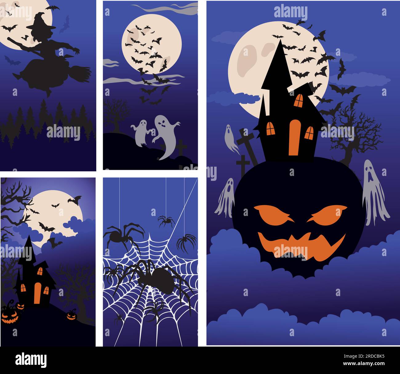 Scary Halloween silhouettes cartoon story set. Stock Vector
