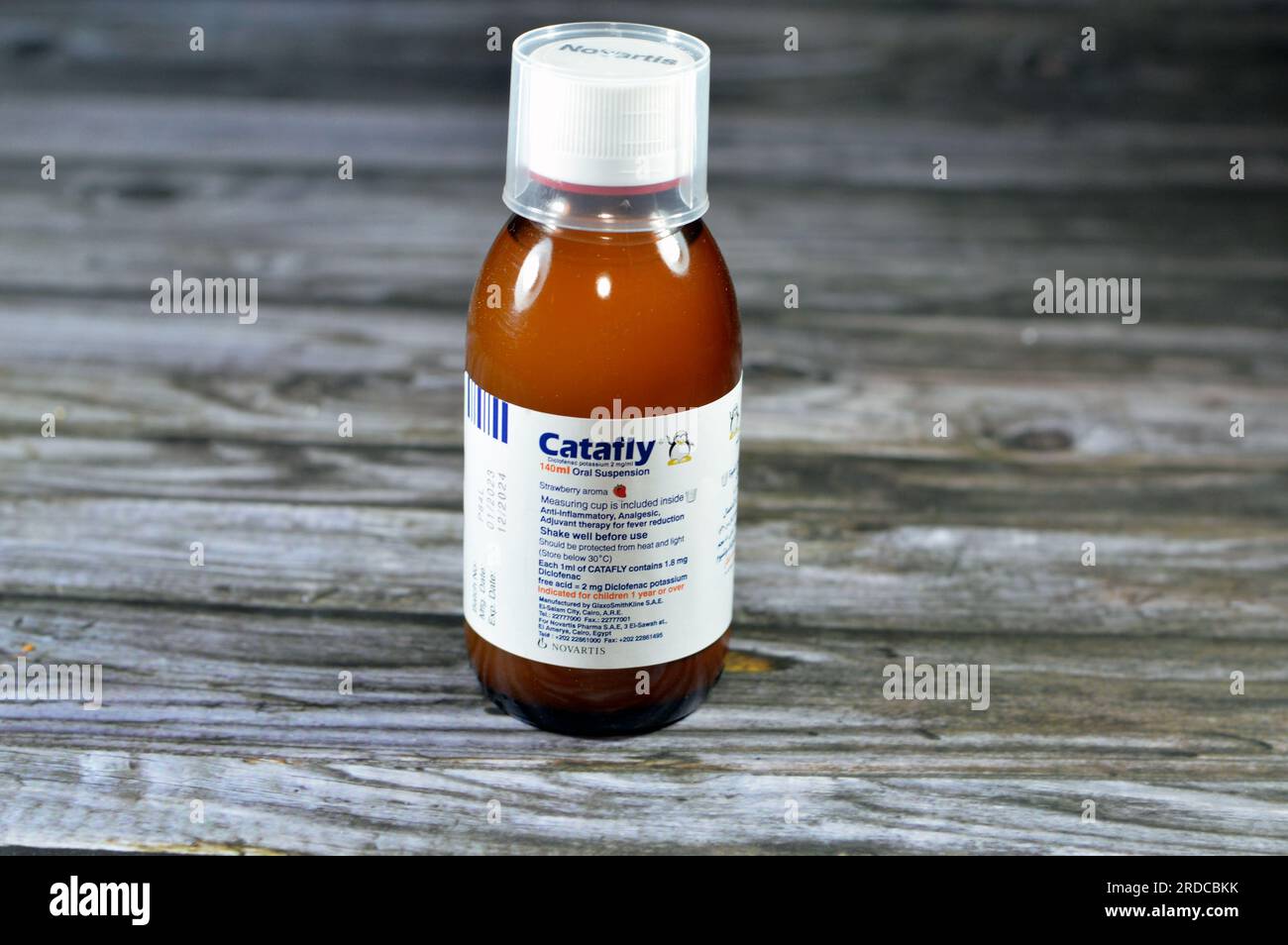 Cairo, Egypt, July 9 2023: Catafly suspension Diclofenac potassium for children, Anti-inflammatory, Anti-pyretic and Analgesic. Strawberry flavour by Stock Photo