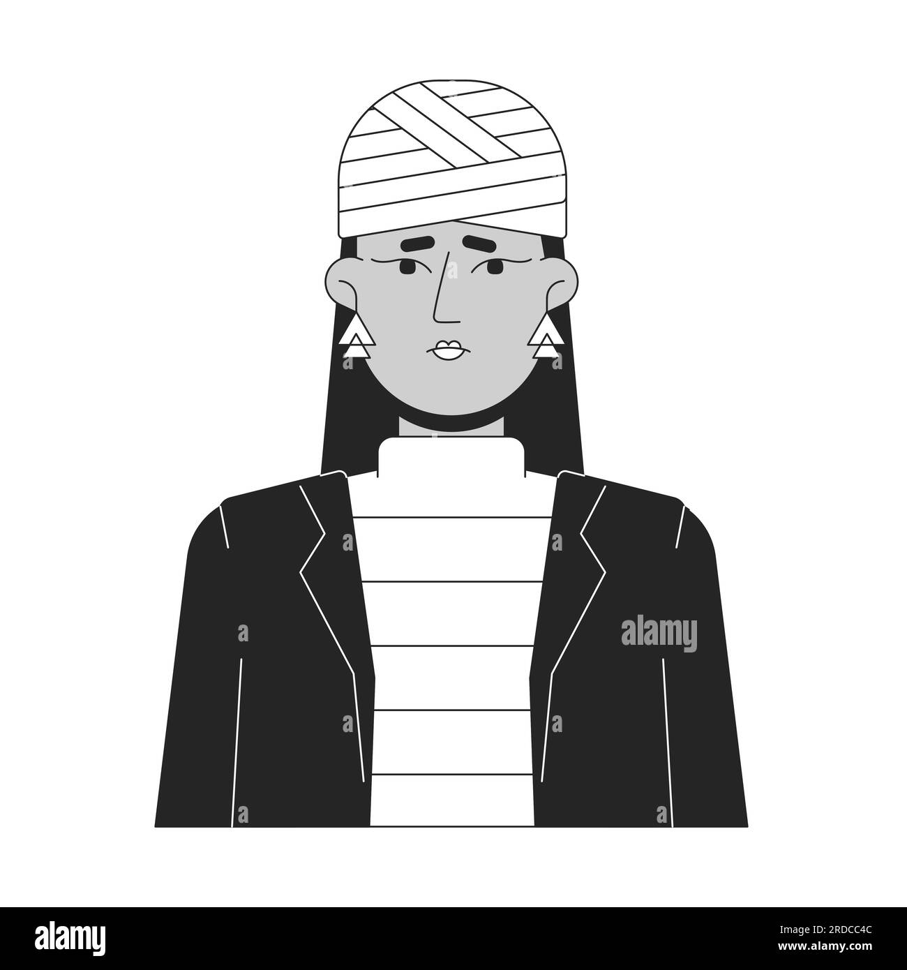 Head trauma in young woman flat line black white vector character Stock Vector