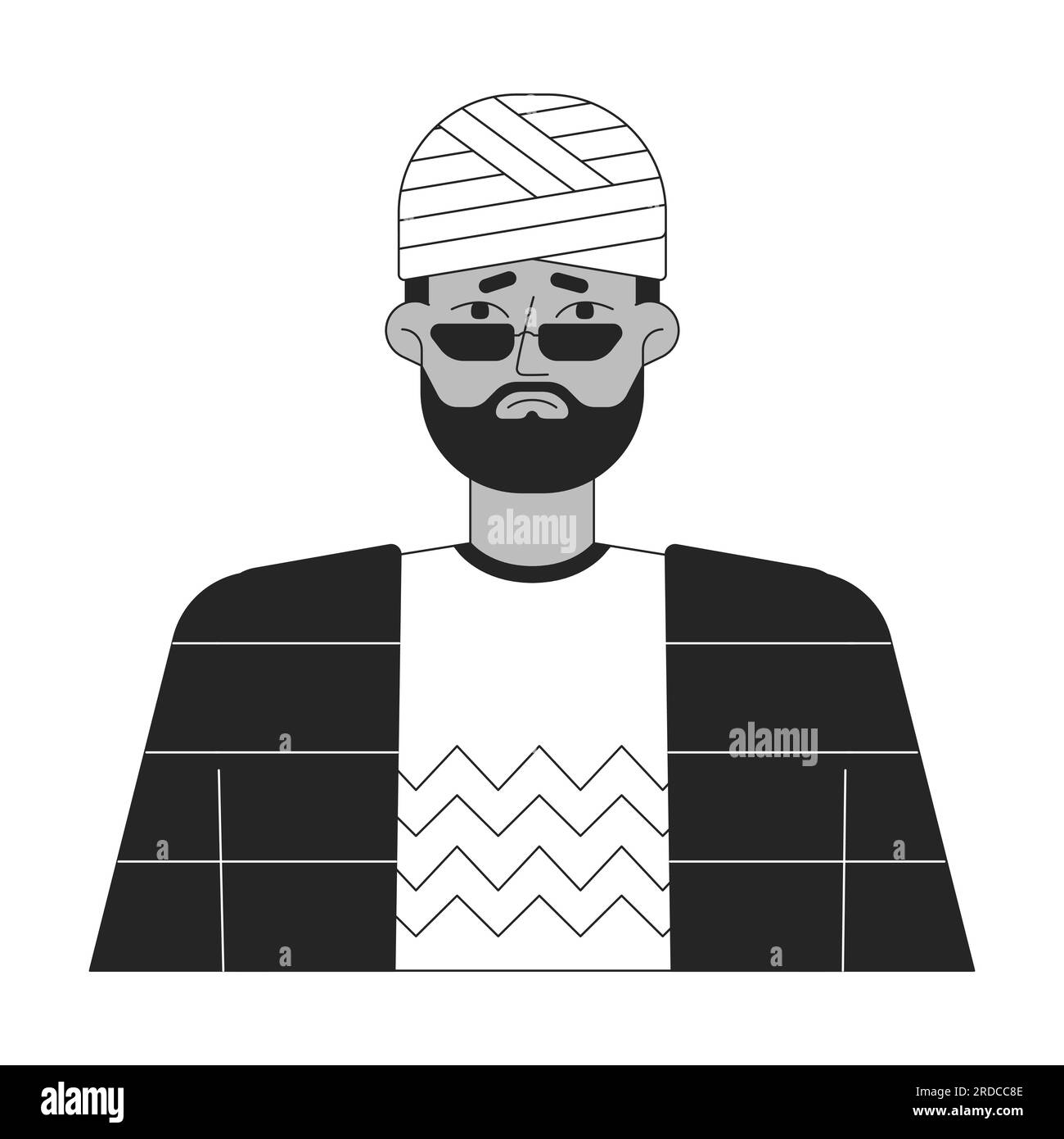 Sad man with wrapped head flat line black white vector character Stock Vector