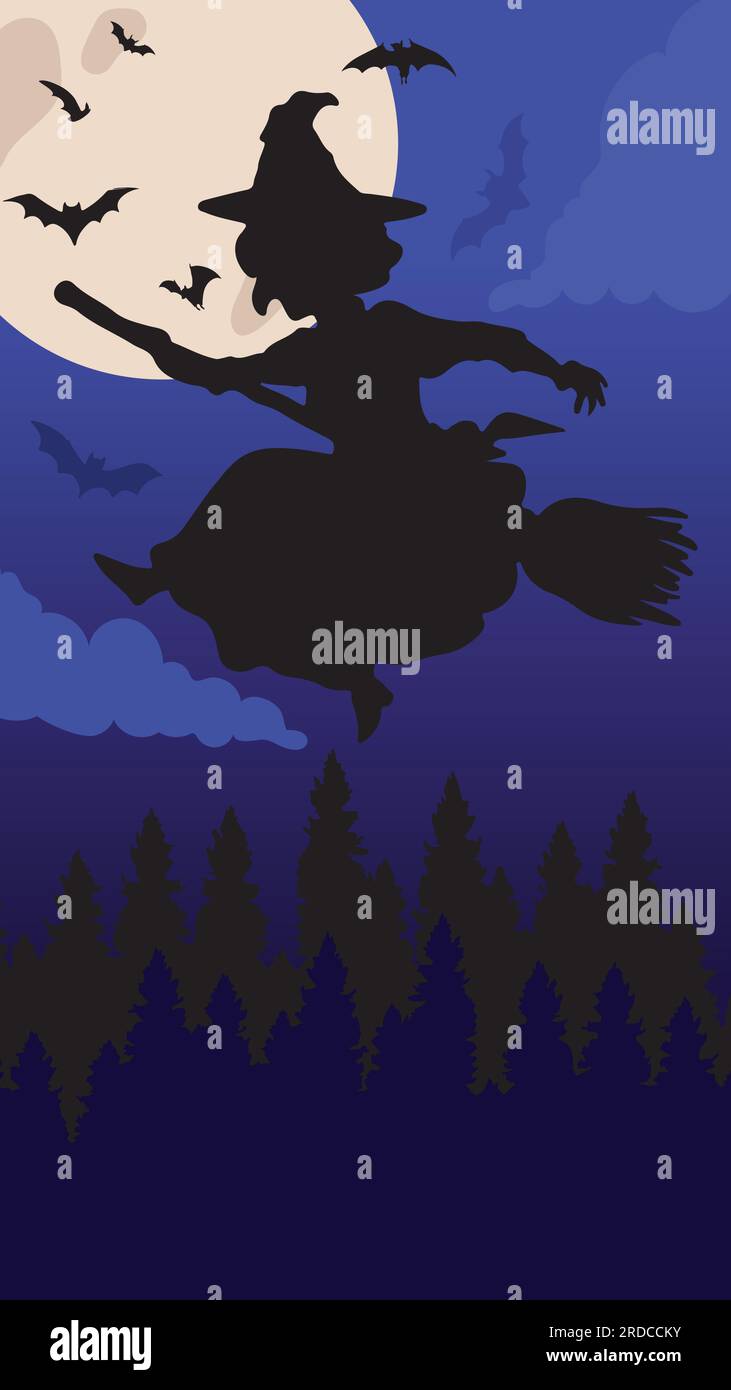 Flying witch silhouette in front of full moon vector illustration Stock ...