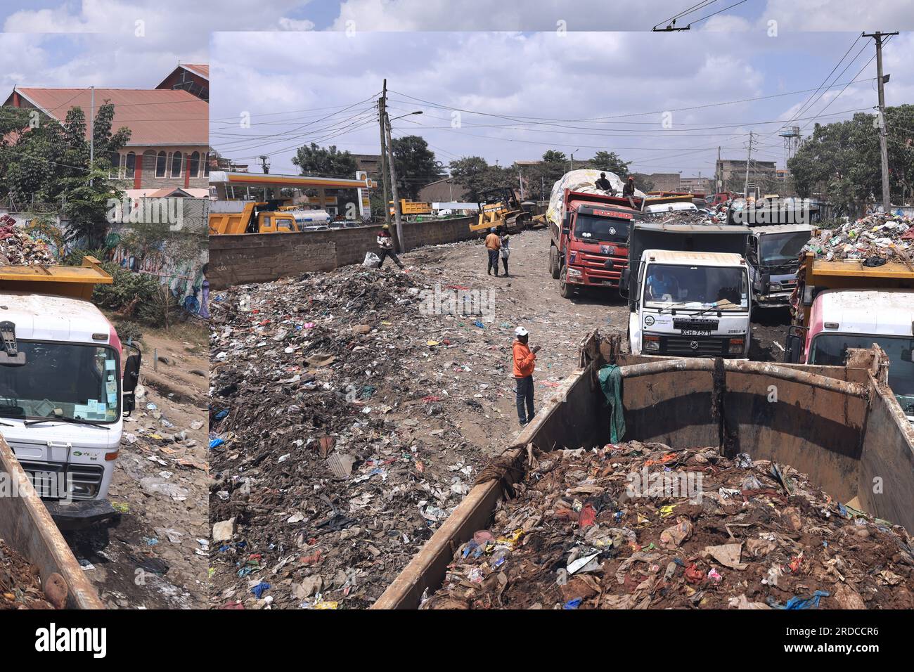 July 14, 2023, Nairobi, Kenya Garbage trucks wait at the weigh bridge
