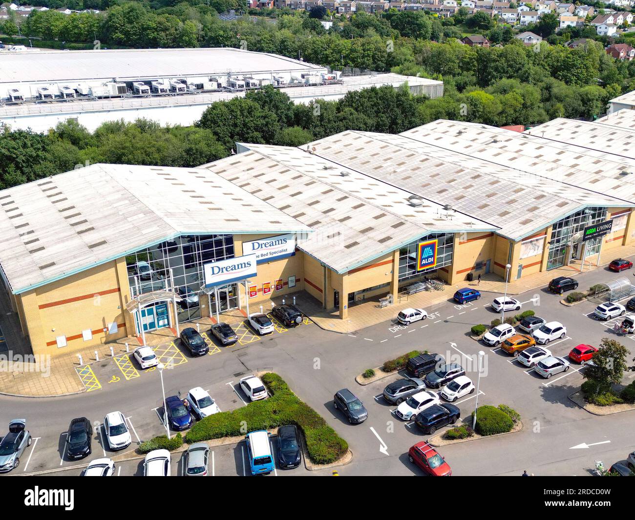 Llantrisant, Wales, UK 19 July 2023 Aerial view of stores in an out