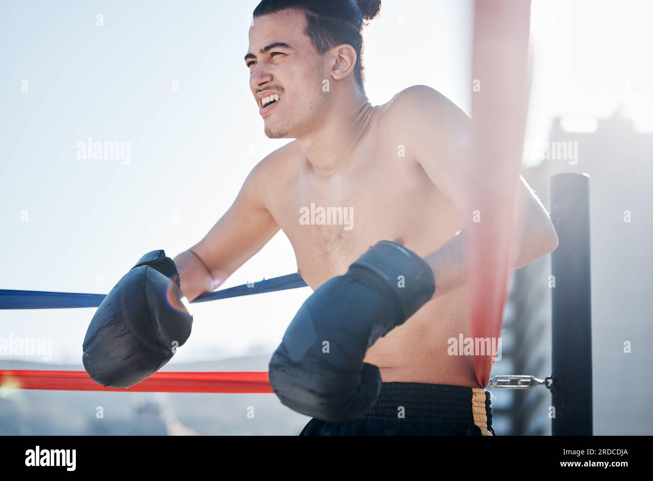 Break, boxing training or tired man fighting in sports exercise