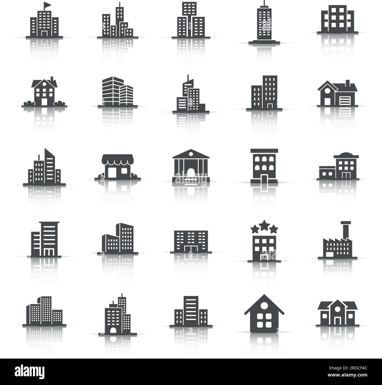 Building icon set in flat style. Town skyscraper apartment vector illustration on white isolated background. City tower business concept. Stock Vector