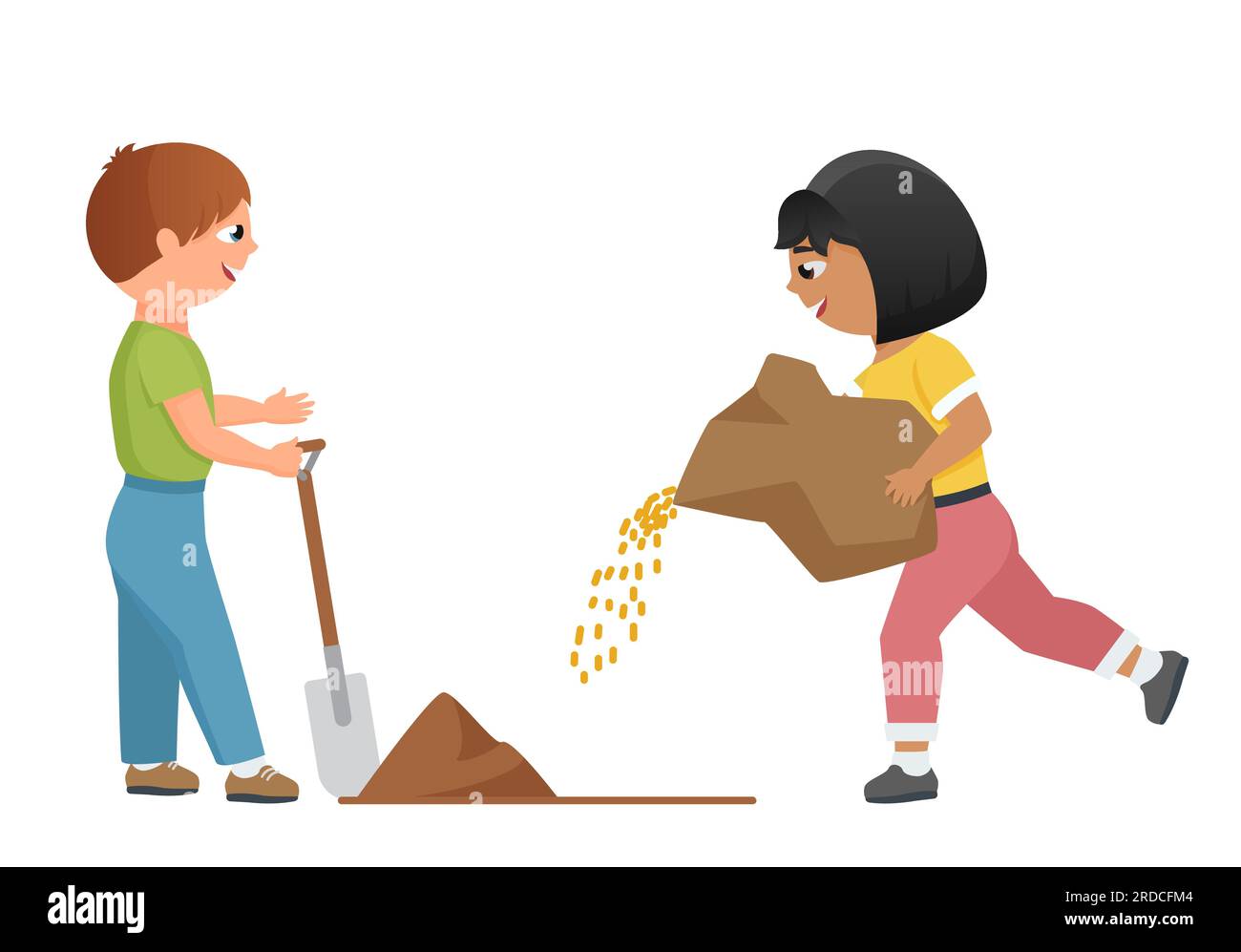 Children planting seeds. Kids gardening activity, save nature day vector cartoon illustration Stock Vector