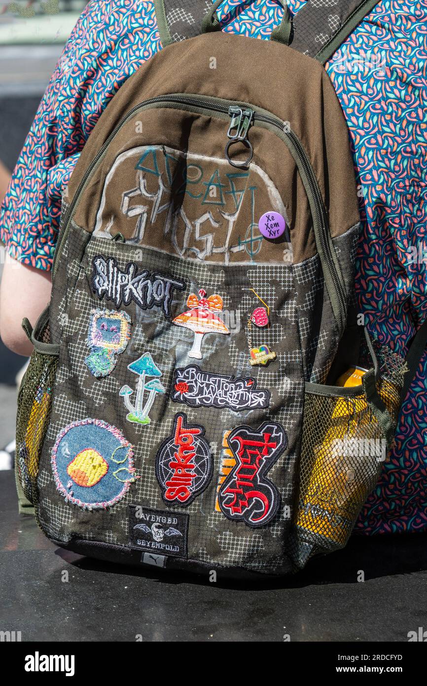Embroidered knapsack with American punk rock band names & Xe / Xem / Xir a set of gender-neutral pronouns patches in Southport, UK Stock Photo