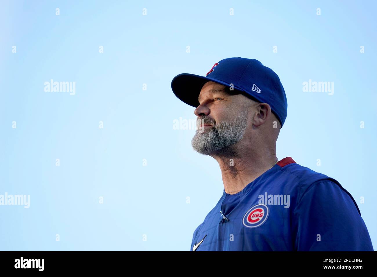Chicago Cubs manager David Ross looks out from the dugout before a baseball  game against the Washington Nationals Tuesday, July 18, 2023, in Chicago.  (AP Photo/Charles Rex Arbogast Stock Photo - Alamy