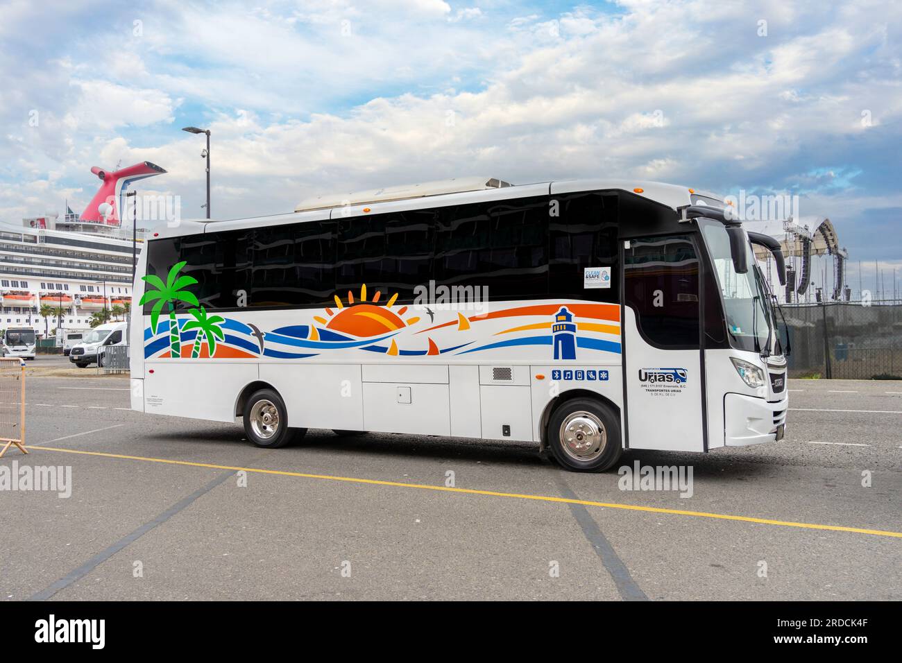Ensenada, BC, Mexico – June 4, 2023: Shuttle bus service from the cruise ship port to Downtown Ensenada. Stock Photo