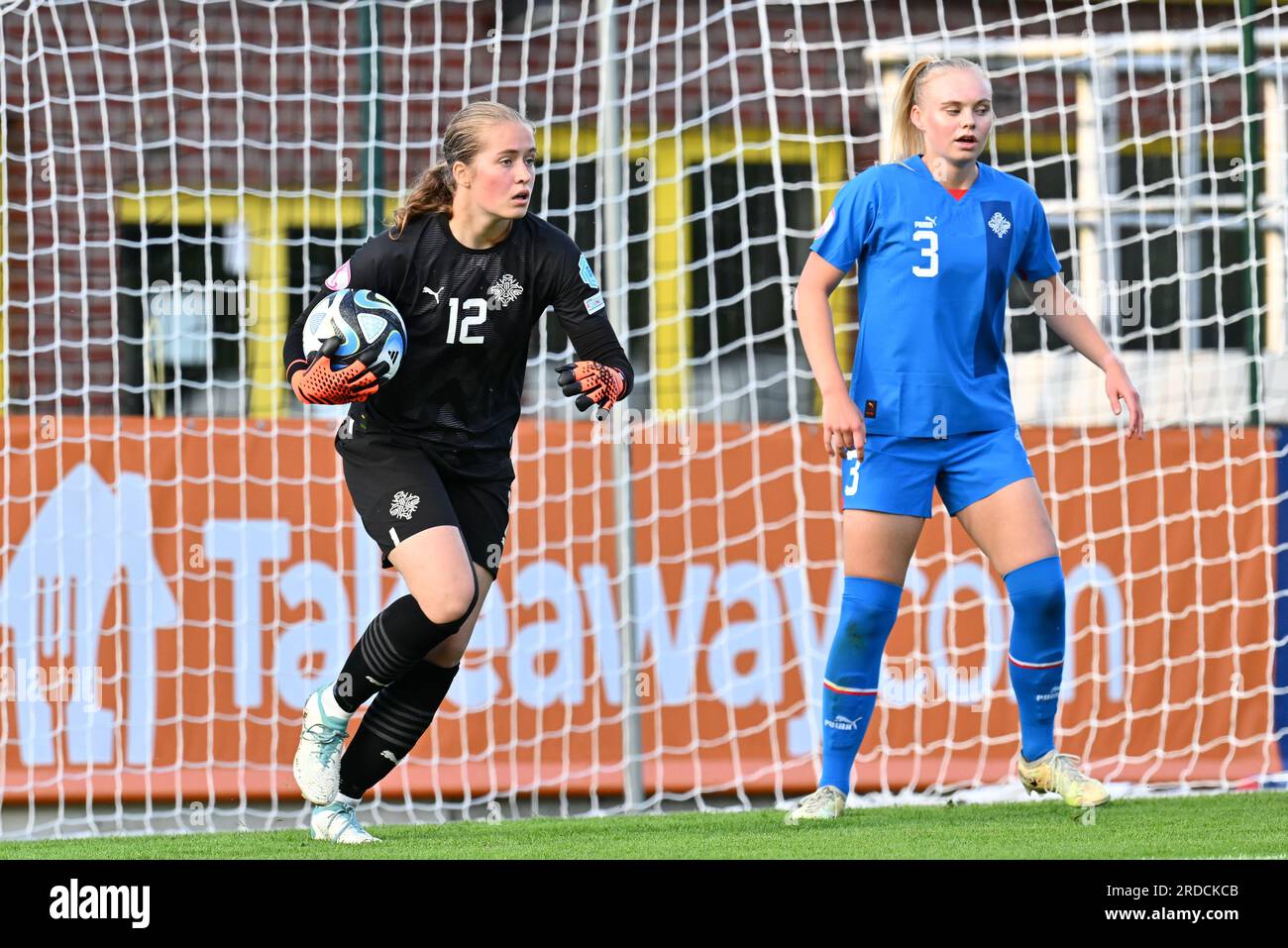 Tubize, Belgium. 18th July, 2023. goalkeeper Fanney Inga Birkisdottir (12) of Iceland and Jakobina Hjorvarsdottir (3) of Iceland pictured during a female soccer game between the national women under 19 teams of Iceland and Spain at the UEFA Women's Under-19 EURO Final Tournament on the first matchday in Group B on Tuesday 18 July 2023 in Tubize, Belgium . Credit: sportpix/Alamy Live News Stock Photo
