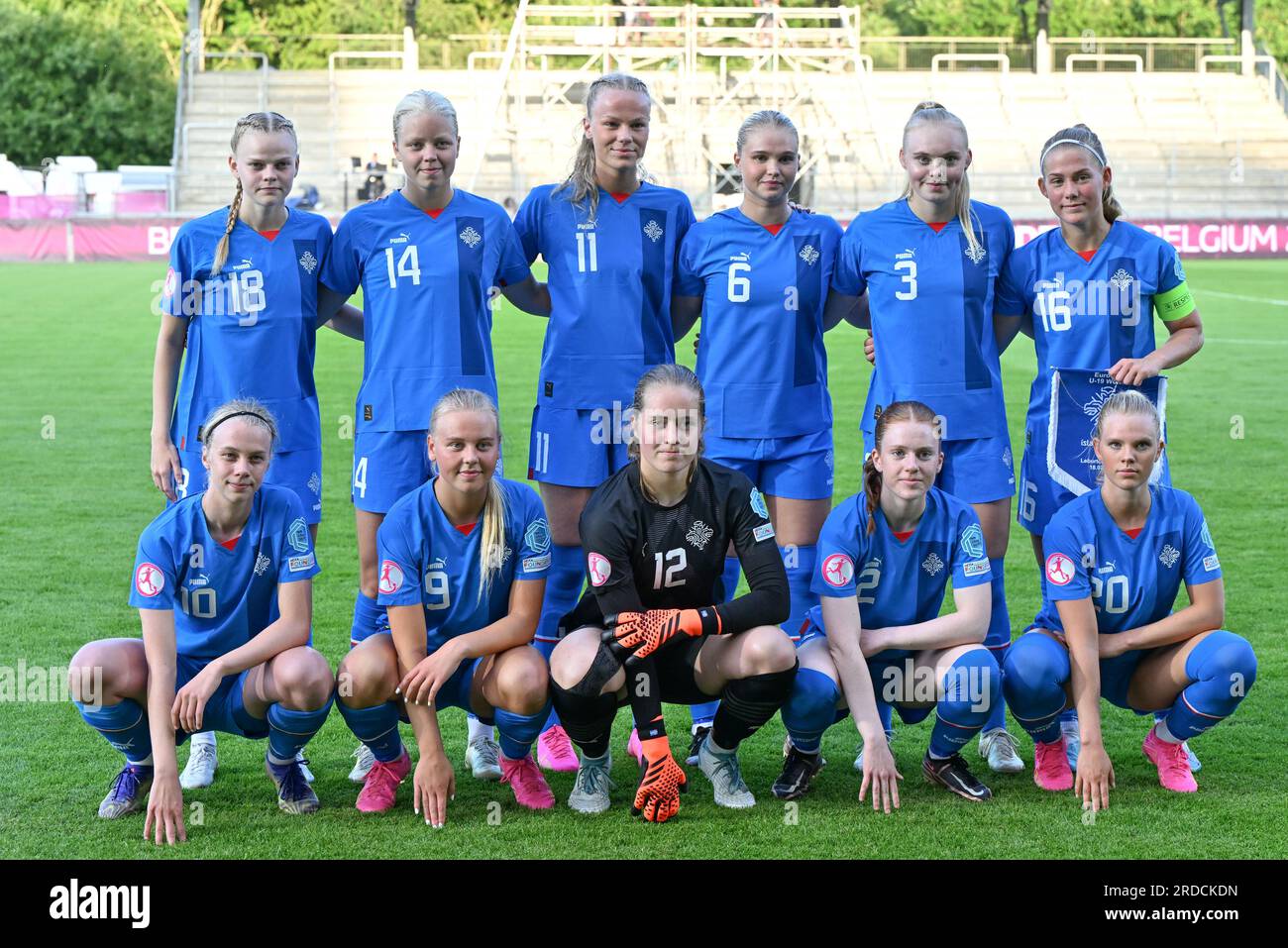 players of Iceland with Irena Hedinsdottir Gonzalez (18) of Iceland, Isfold Mary Sigtryggsdottir (14) of Iceland, Snaedis Maria Jorundsdottir (11) of Iceland, Mikaela Petursdottir (6) of Iceland, Jakobina Hjorvarsdottir (3) of Iceland, Saedis Run Heidarsdottir (16) of Iceland, Katla Tryggvadottir (10) of Iceland, Emelia Oskarsdottir (9) of Iceland, goalkeeper Fanney Inga Birkisdottir (12) of Iceland, Birna Kristin Bjornsdottir (2) of Iceland and Vigdis Lilja Kristjansdottir (20) of Iceland pose for a team photo ahead of a female soccer game between the national women under 19 teams of Iceland Stock Photo
