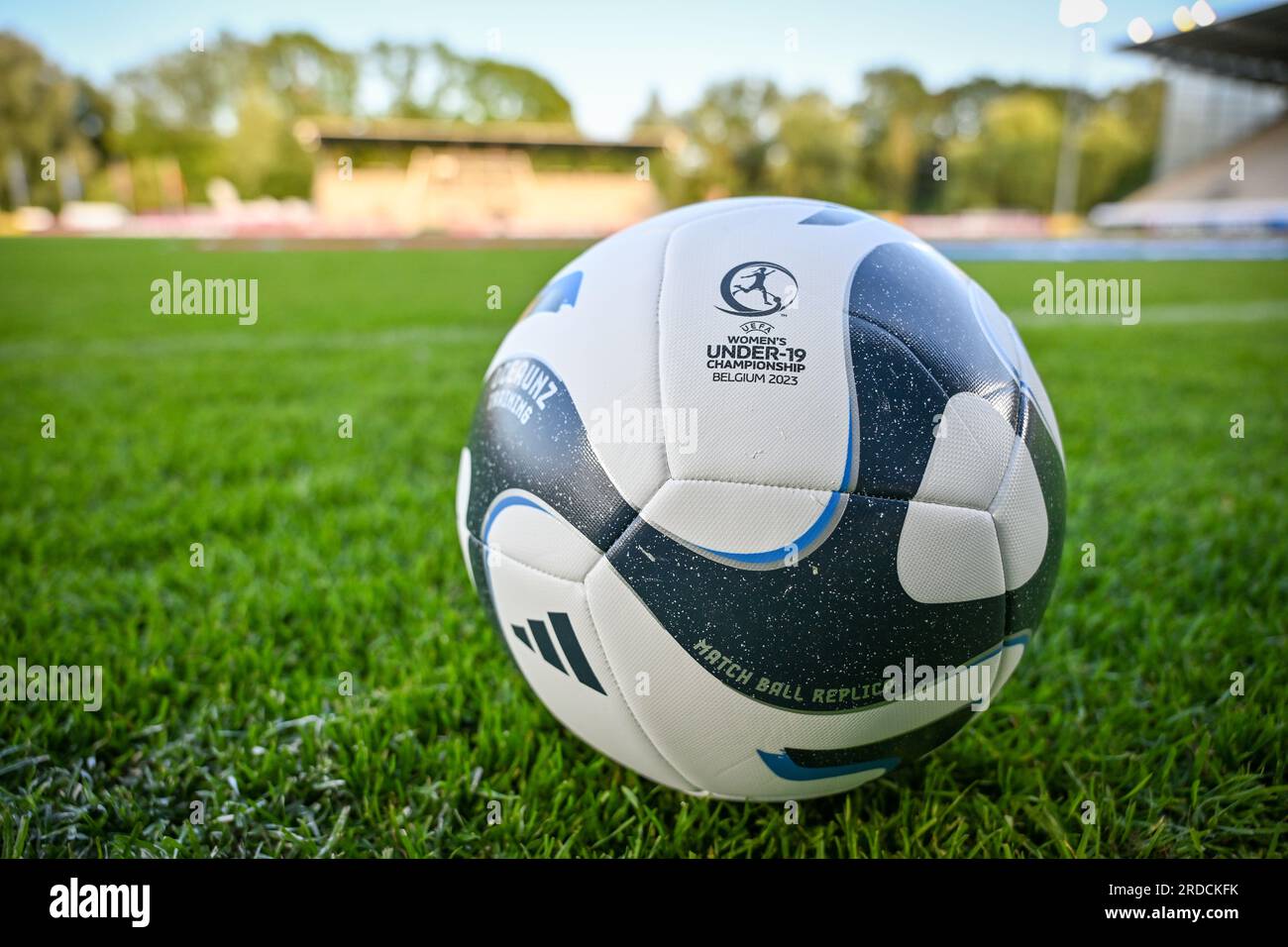 Tubize, Belgium. 18th July, 2023. illustration picture showing the official adidas  Women's Under-19 championship 2023 Belgium tournament ball during a female  soccer game between the national women under 19 teams of Iceland