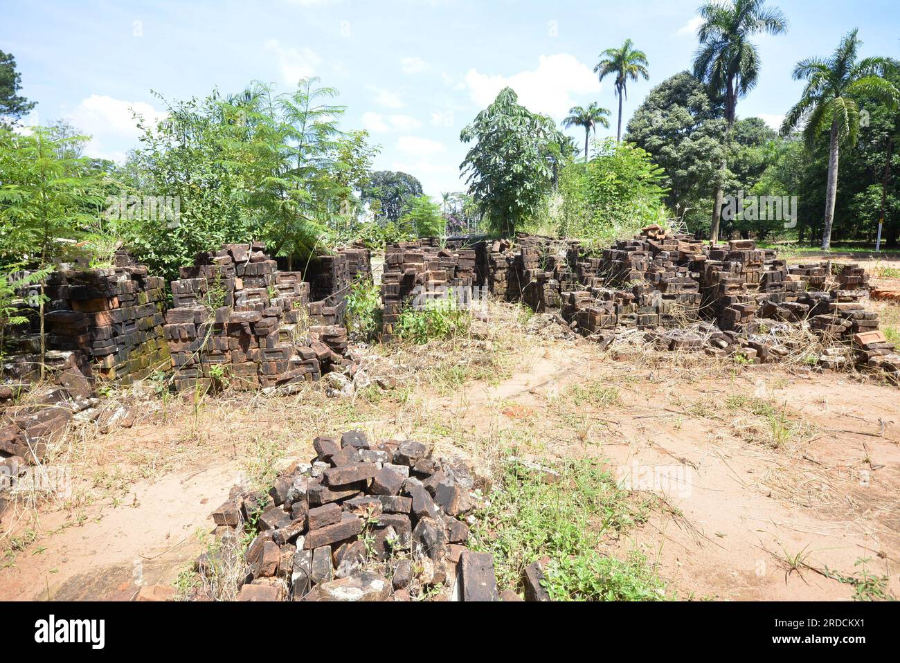 Piles of old unused bricks outdoors with great wear and tear in the background tropical tree vegetation Stock Photo