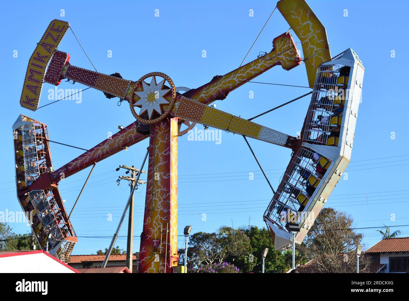 Extreme toy closed in amusement park where the participant stands upside down, Brazil, pendulum style Stock Photo