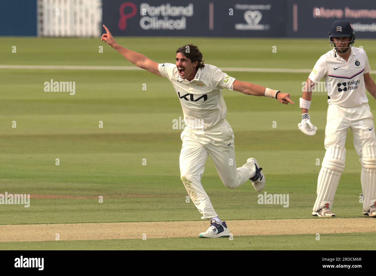 London, UK. 20th July, 2023. Surrey's Sean Abbott celebrates but it's not out as Middlesex take on Surrey on day two of the County Championship match at Lords. Credit: David Rowe/Alamy Live News Stock Photo