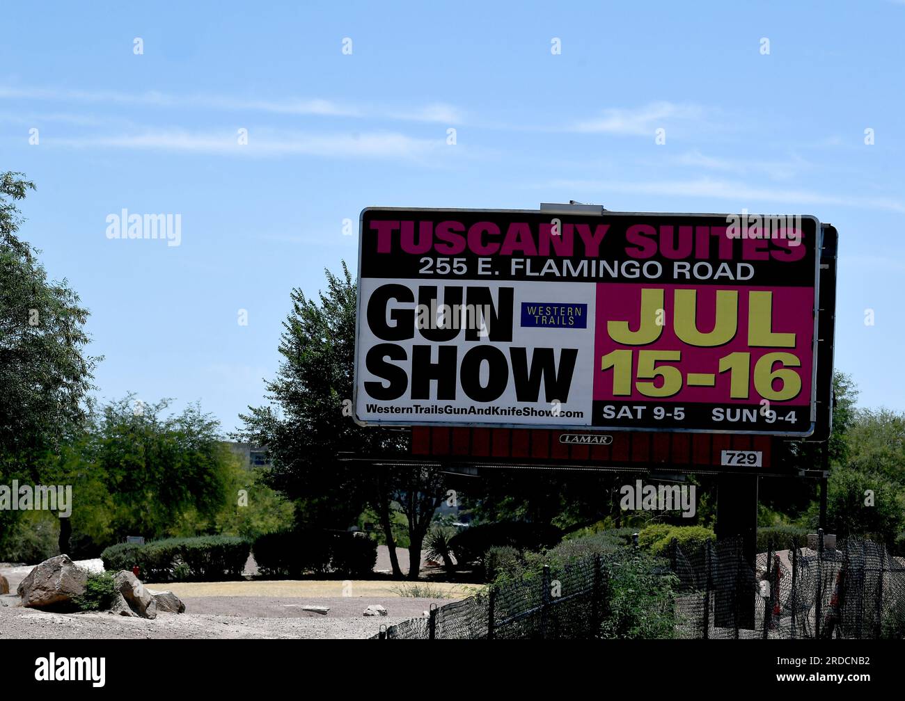 Las Vegas, USA. 13th July, 2023. A gun show billboard is displayed on