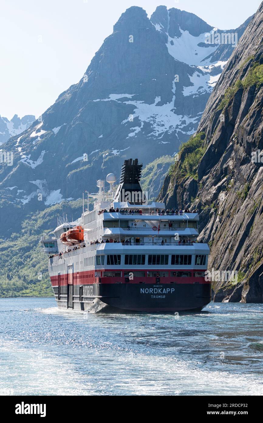 Hurtigruten ship MS Nordkapp on a sunny day in Trollfjord. Trollfjorden, Raftsundet Strait, Nordland, Northern Norway, Europe Stock Photo