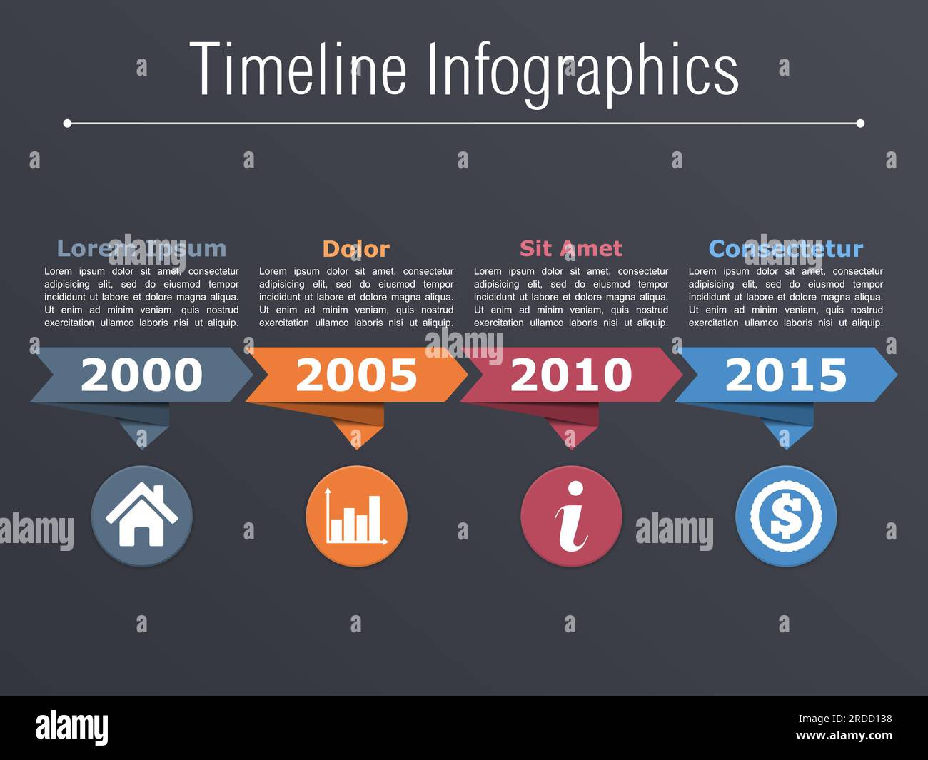 Timeline infographics with arrows icons and text, dark background ...